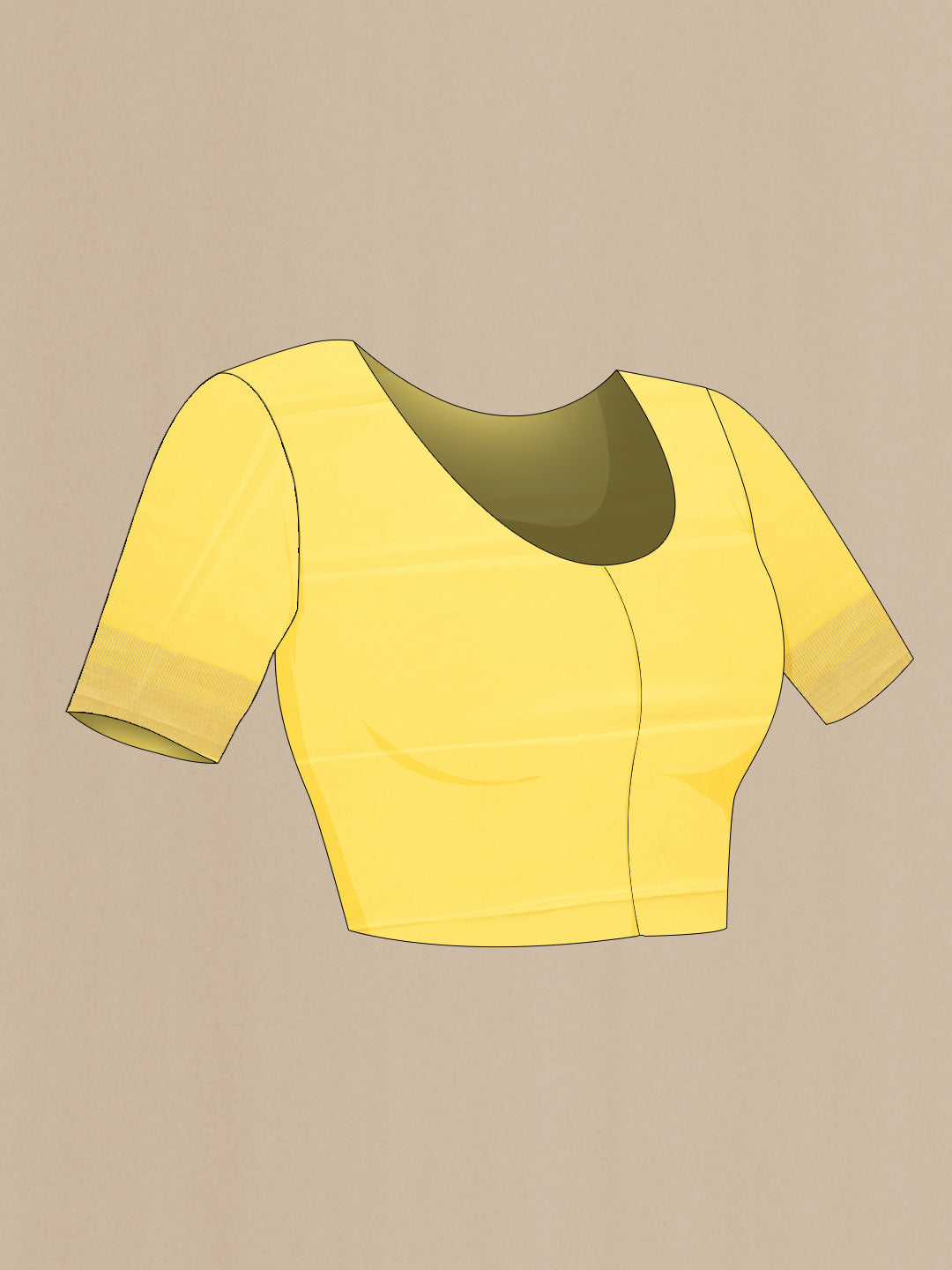 Close up image of the blouse of Lemon Yellow Mysore Crepe Saree with Zari Butta on the body and Zari Border. 