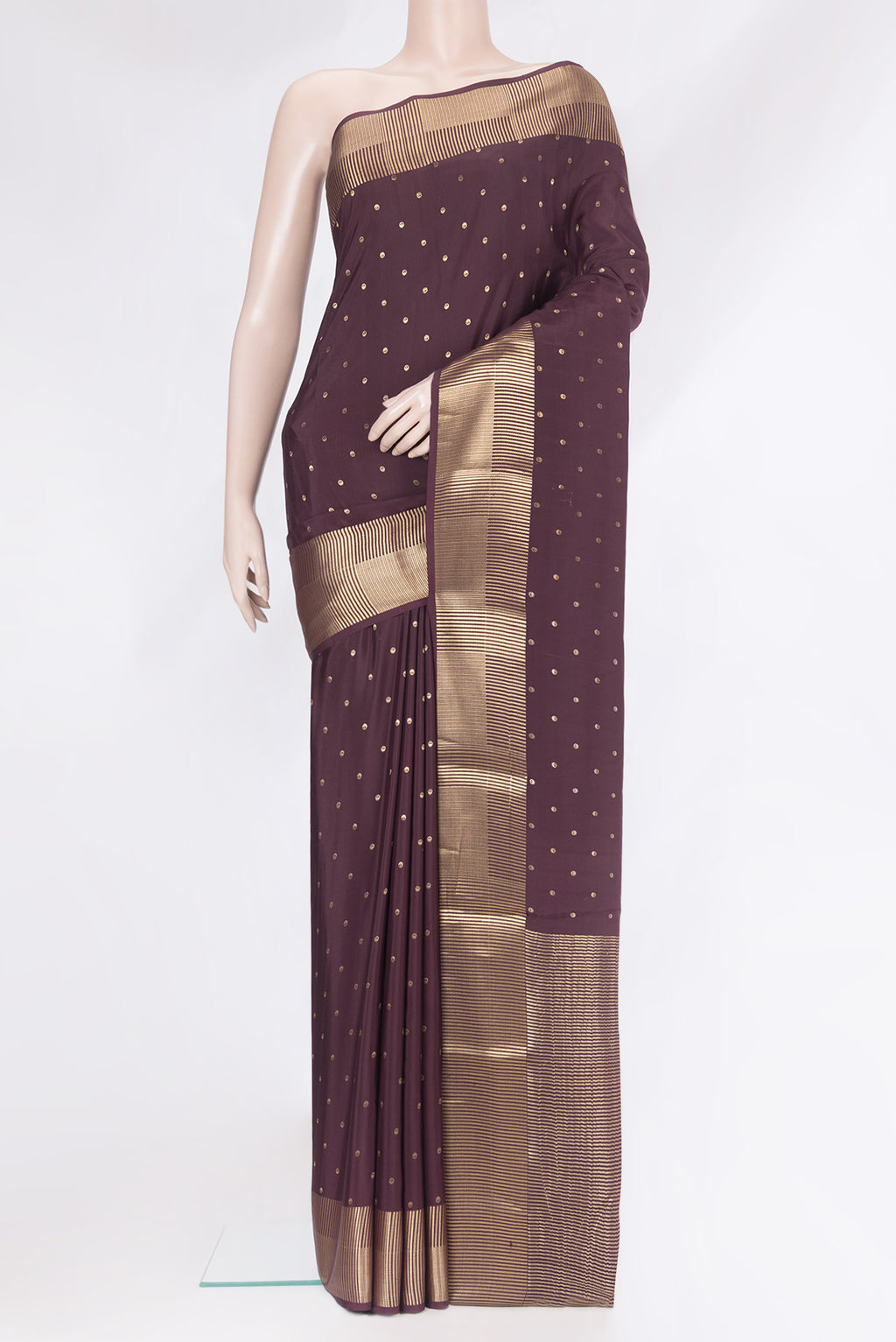 Coffee Brown Mysore Silk Saree with Zari Butta on the body and Zari Border.  displayed on a mannequin