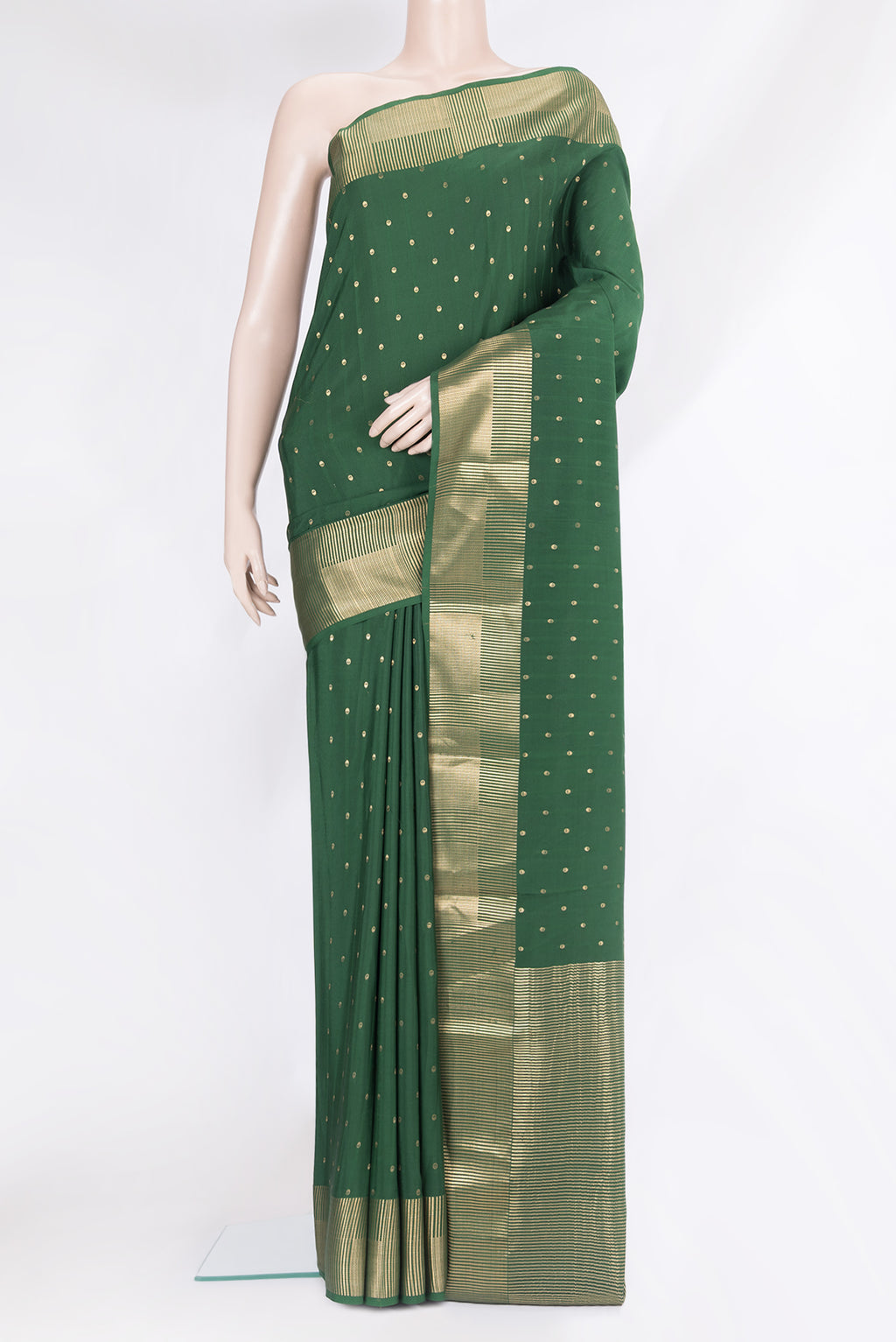 Bottle Green Mysore Silk Saree with Zari Butta on the body and Zari Border.  displayed on a mannequin