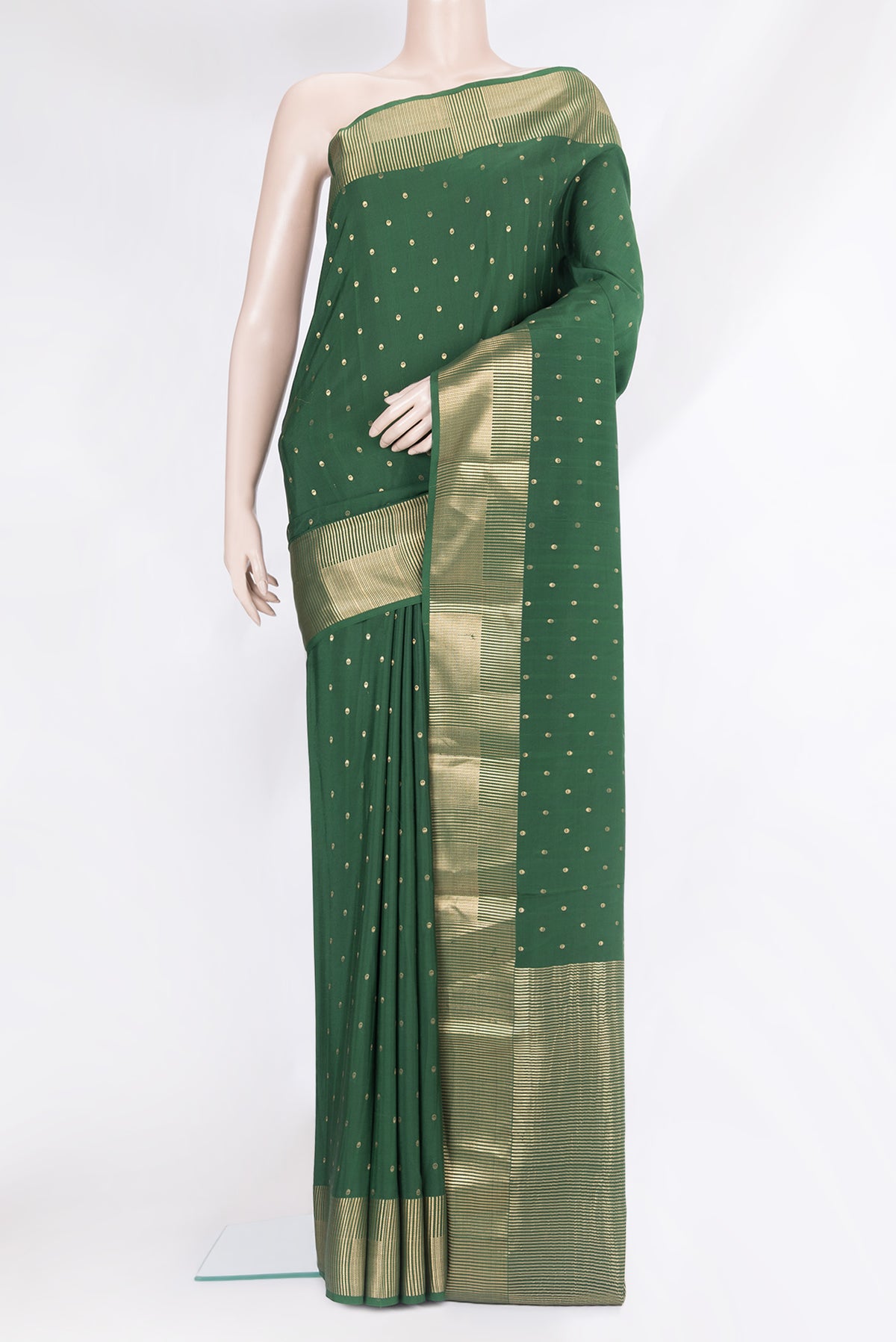 Bottle Green Mysore Silk Saree with Zari Butta on the body and Zari Border.  displayed on a mannequin
