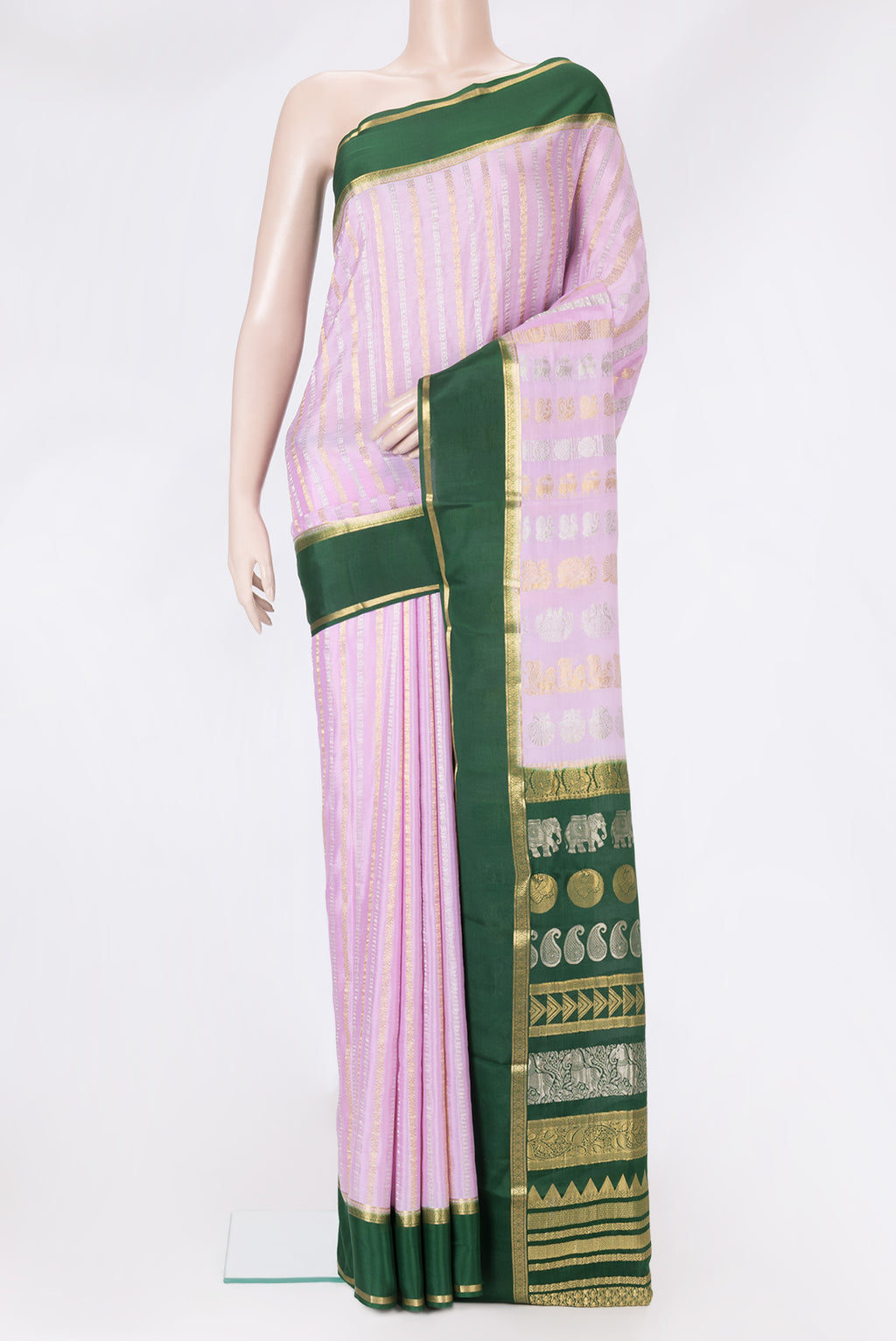 Pink Dual Tone Mysore Silk Saree with Stripes on the body and Zari Border.  displayed on a mannequin