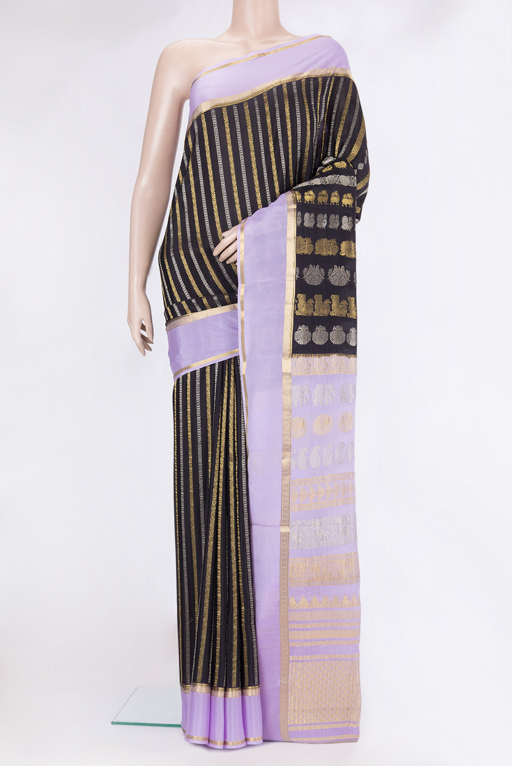 Black Mysore Silk Saree with Stripes on the body and Zari Border.  displayed on a mannequin