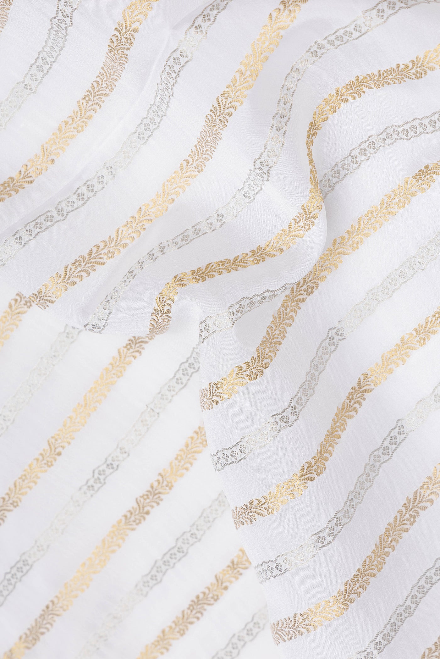 Close up of Off White Dual Tone Mysore Silk Saree with Stripes on the body and Zari Border.  displaying folds