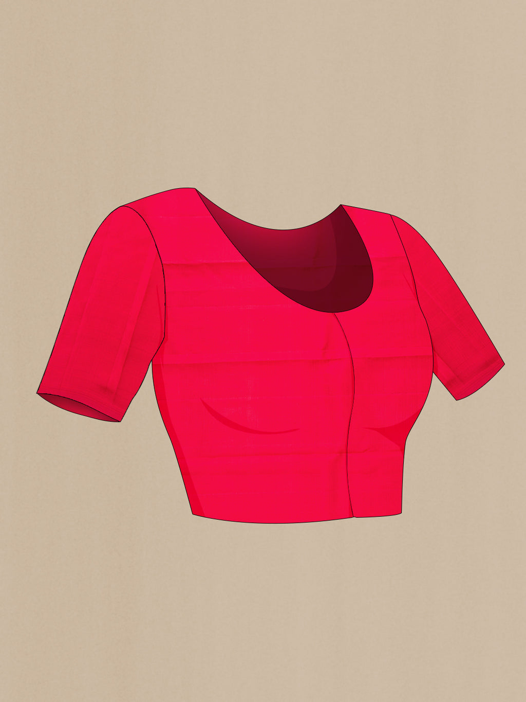Close up image of the blouse of Pure Silk Pure Zari Orange and Dark Pink Color Kanchipuram Saree with Checked design on the body and Plain Border. 