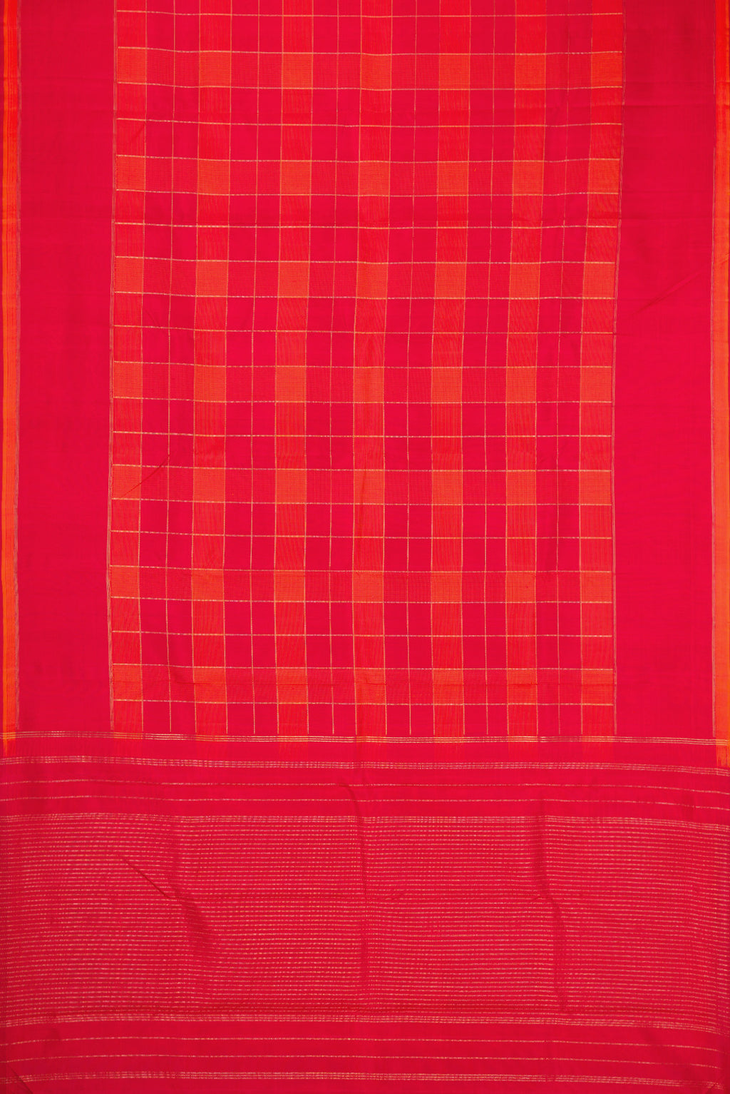 Flat view of Pure Silk Pure Zari Orange and Dark Pink Color Kanchipuram Saree with Checked design on the body and Plain Border. 