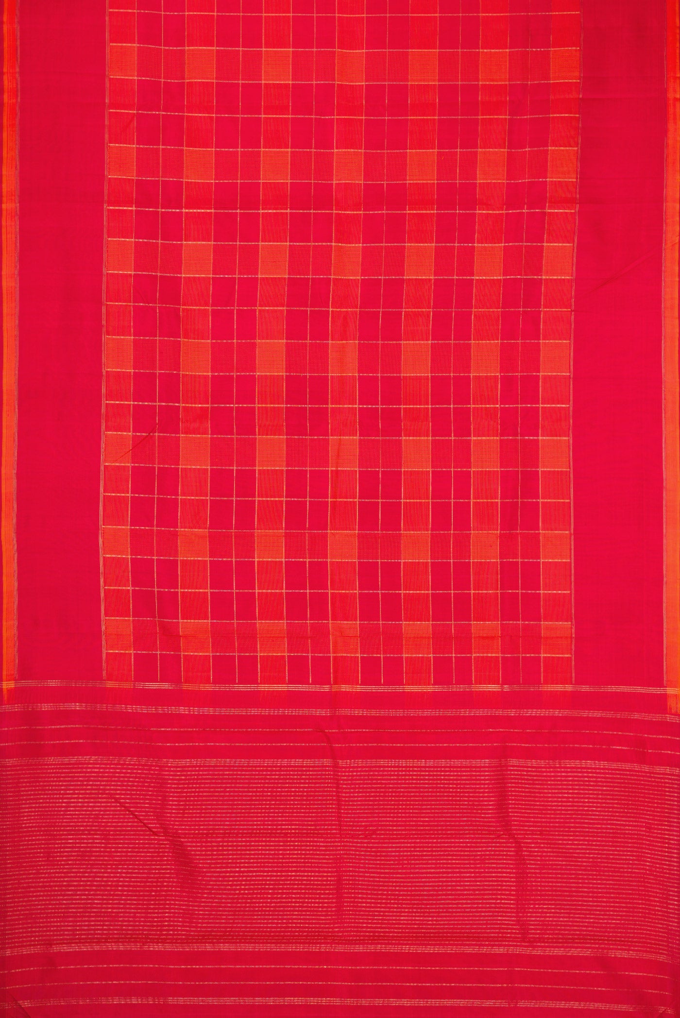Flat view of Pure Silk Pure Zari Orange and Dark Pink Color Kanchipuram Saree with Checked design on the body and Plain Border. 