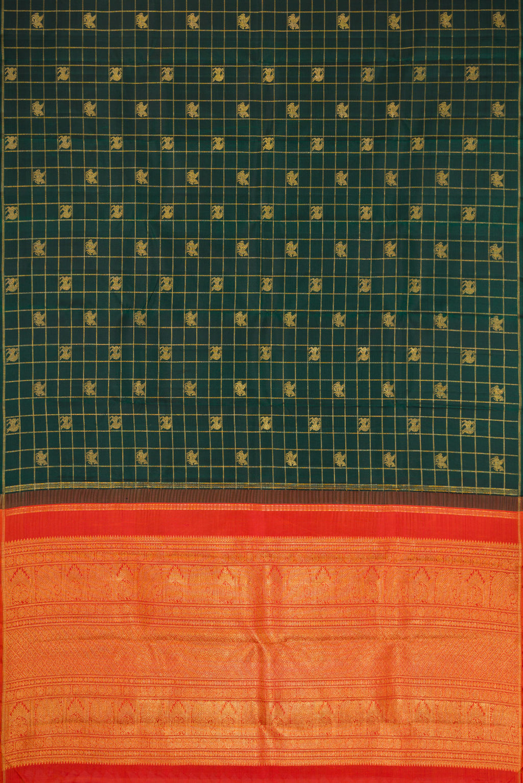Flat view of Pure Silk Pure Zari Bottle Green Dual Tone Kanjivaram Saree with Checked design on the body and Thin Zari Line. 