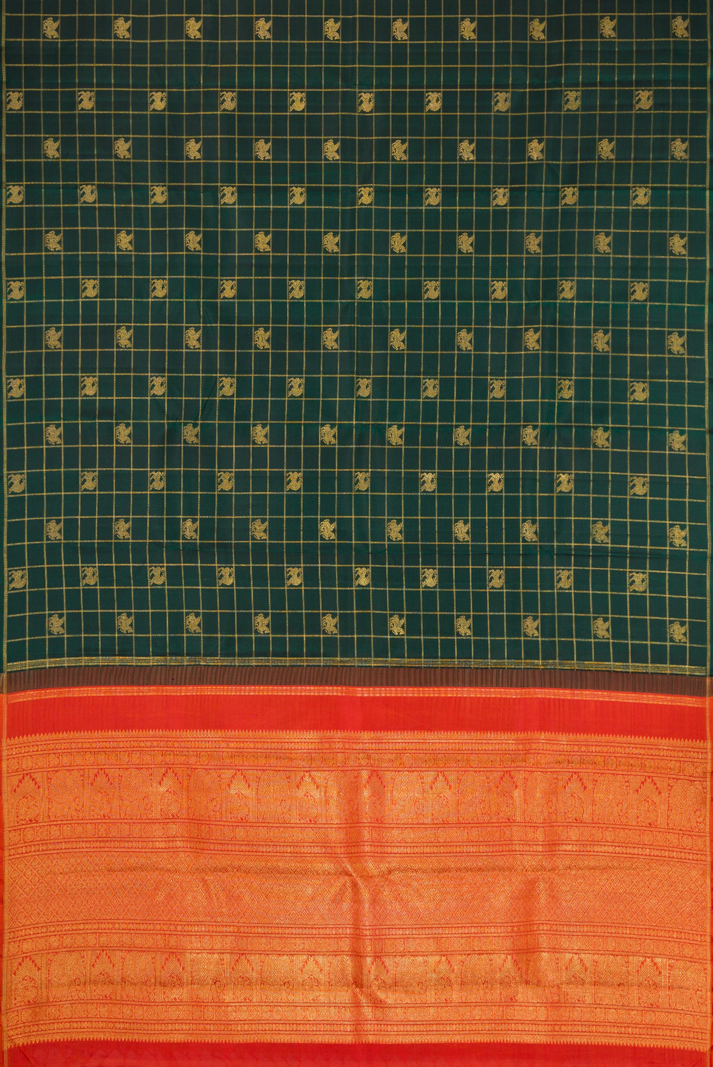 Flat view of Pure Silk Pure Zari Bottle Green Dual Tone Kanjivaram Saree with Checked design on the body and Thin Zari Line. 