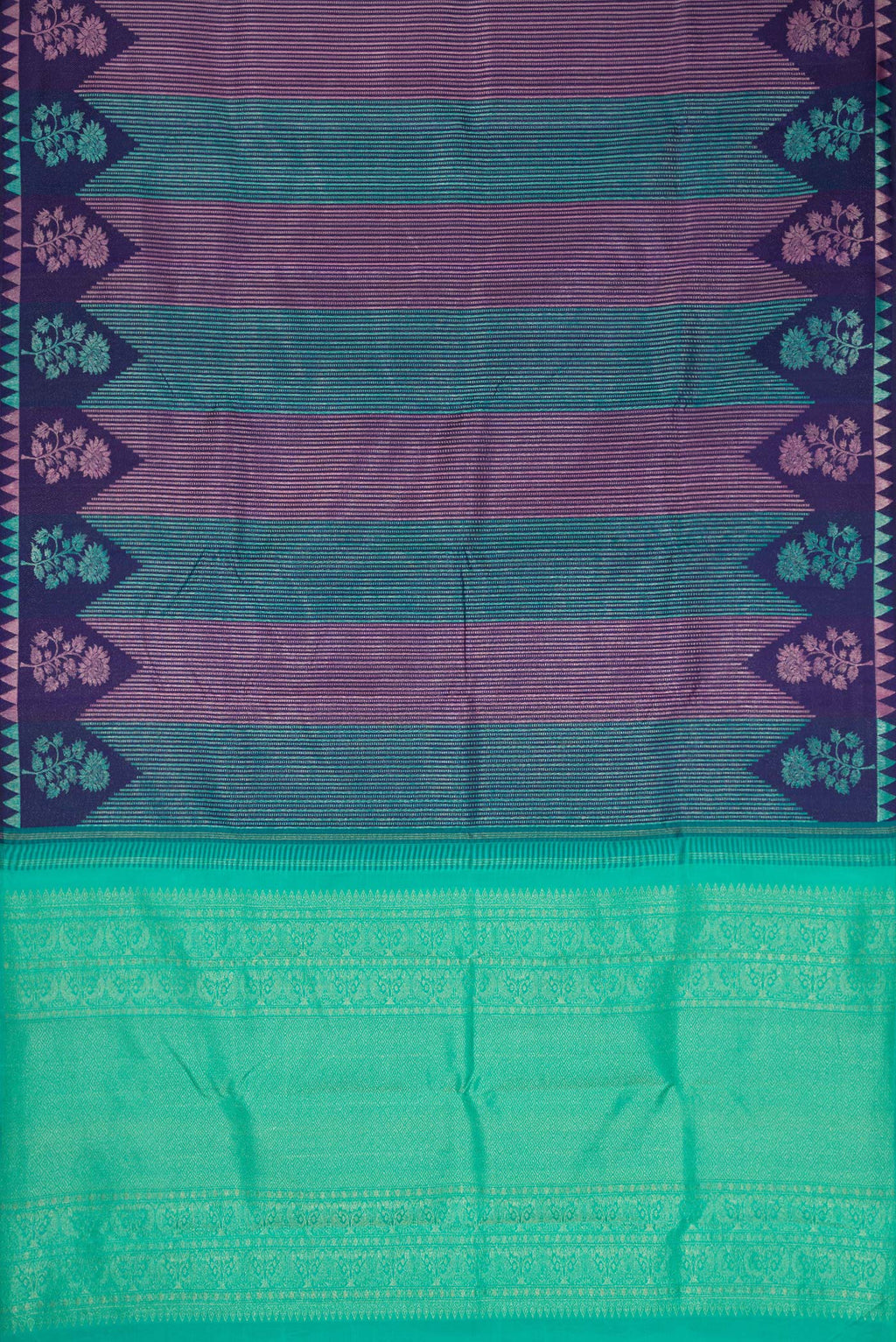 Flat view of Pure Silk Pure Zari Navy Blue Dual Tone Kanjivaram Saree with Jacquard design on the body and Thread Border. 