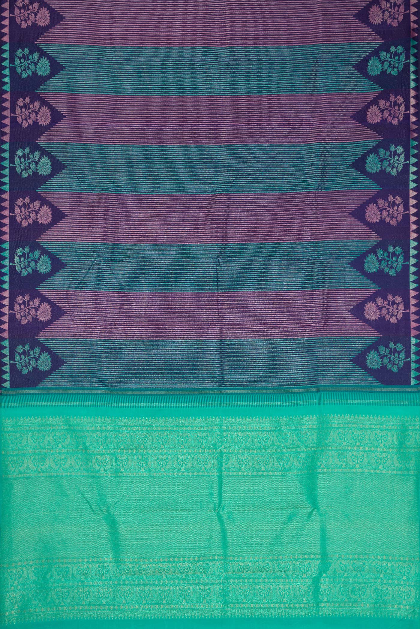 Flat view of Pure Silk Pure Zari Navy Blue Dual Tone Kanjivaram Saree with Jacquard design on the body and Thread Border. 