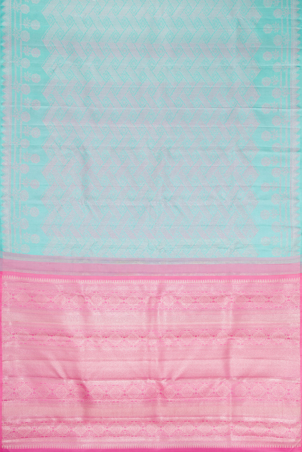 Flat view of Light Blue Dual Tone Kanjivaram Silk Saree with Jacquard design on the body and Fancy Border. 