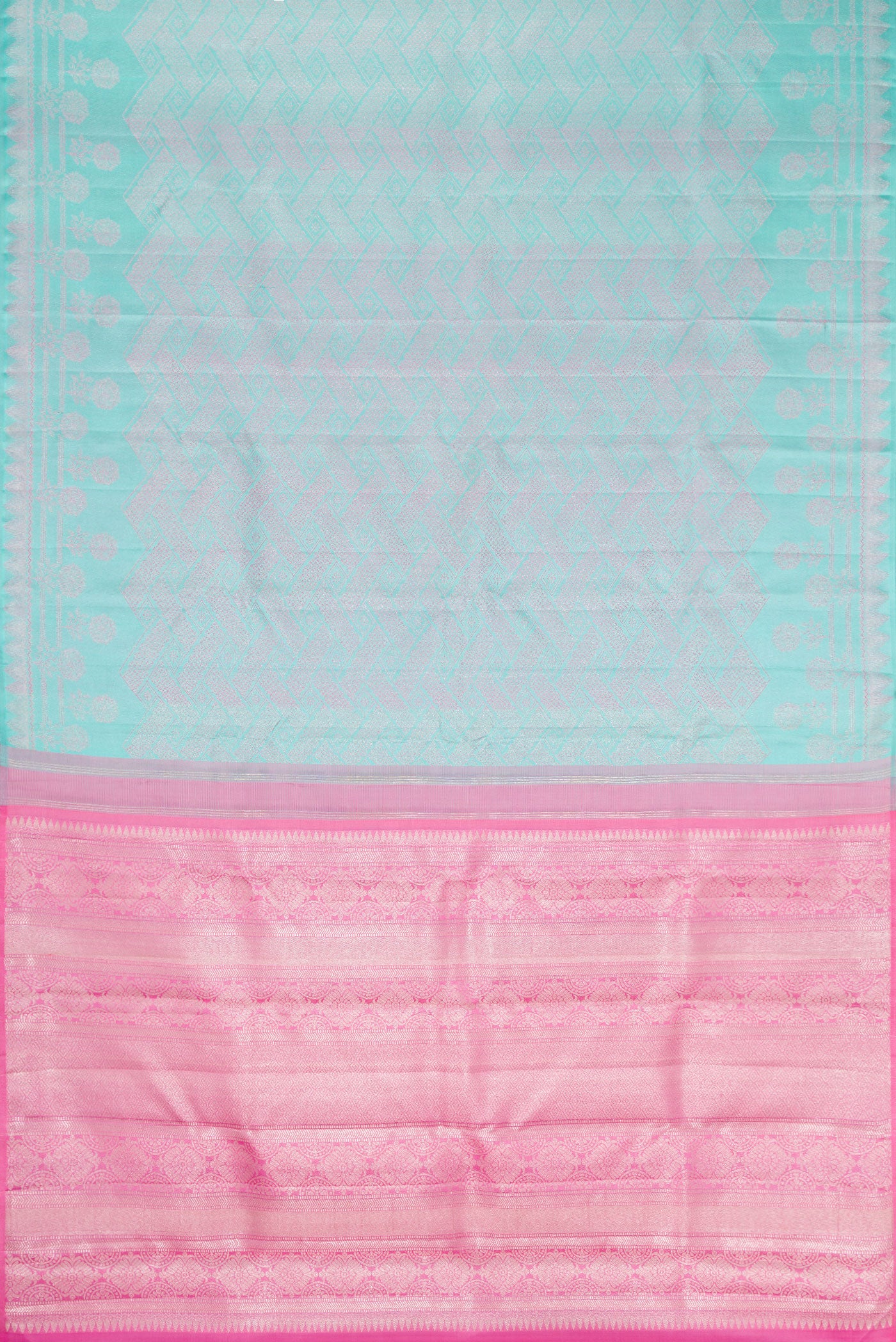 Flat view of Light Blue Dual Tone Kanjivaram Silk Saree with Jacquard design on the body and Fancy Border. 