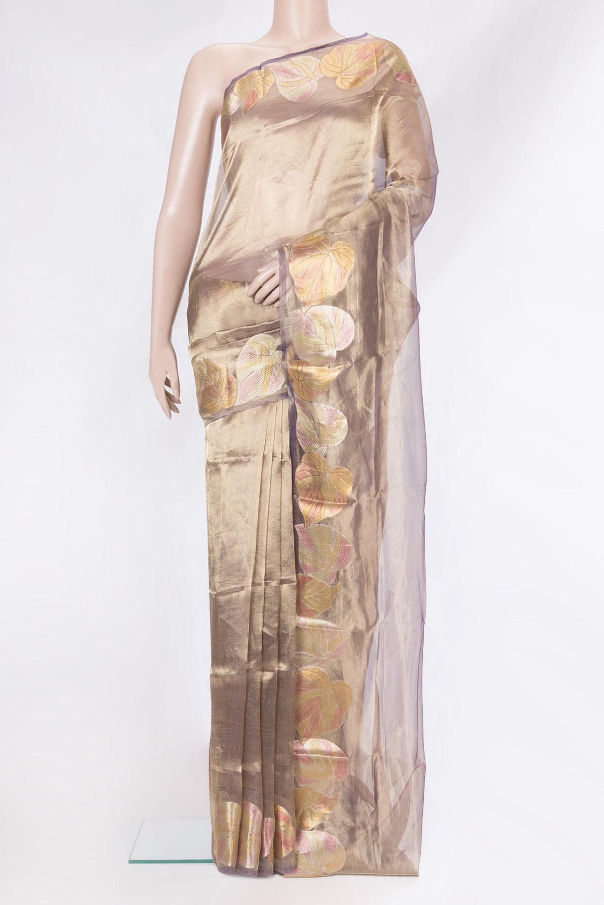 Lavender Dual Tone Organza Silk Saree with Plain Body and Fancy Border.  displayed on a mannequin