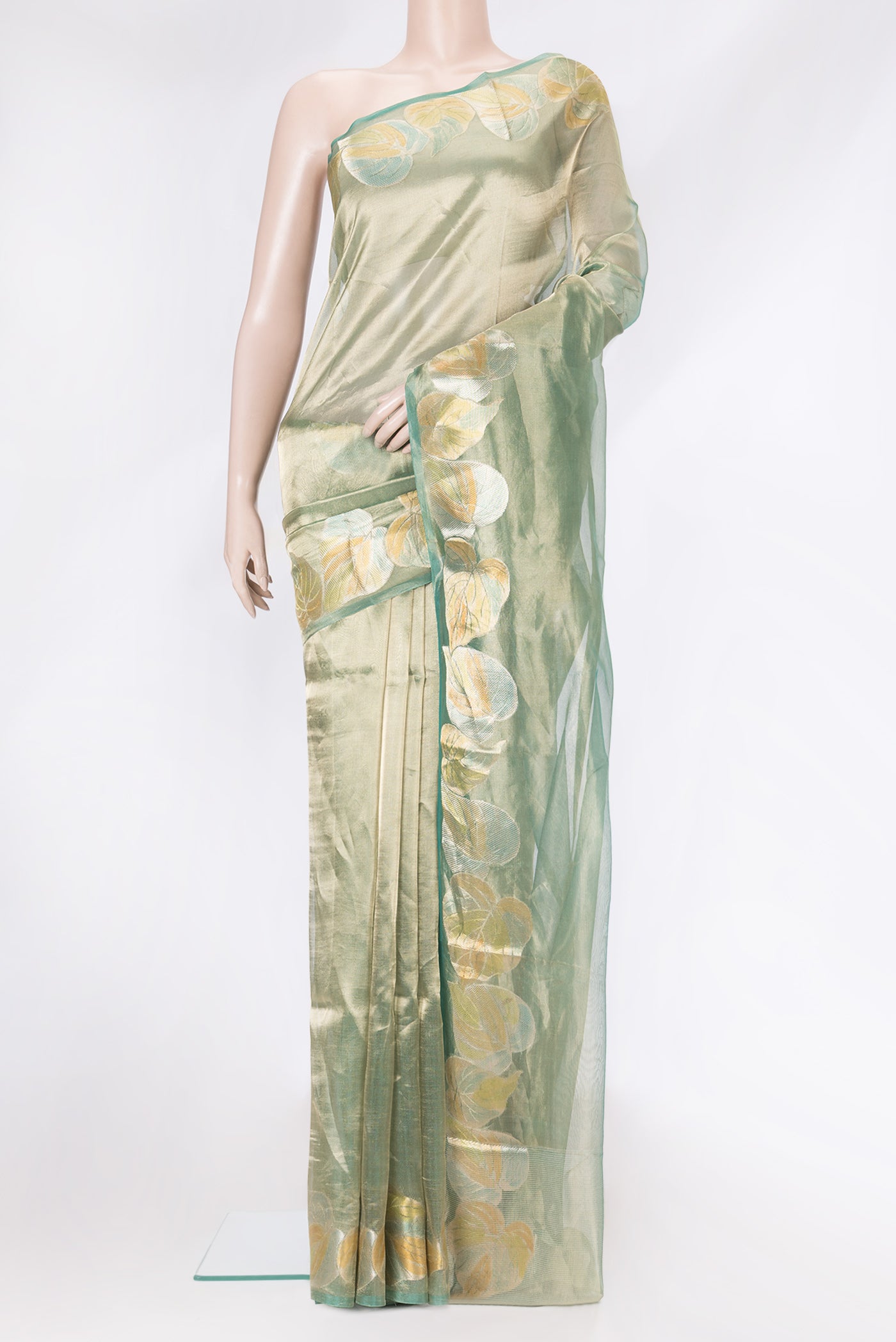 Green Dual Tone Organza Silk Saree with Plain Body and Fancy Border.  displayed on a mannequin