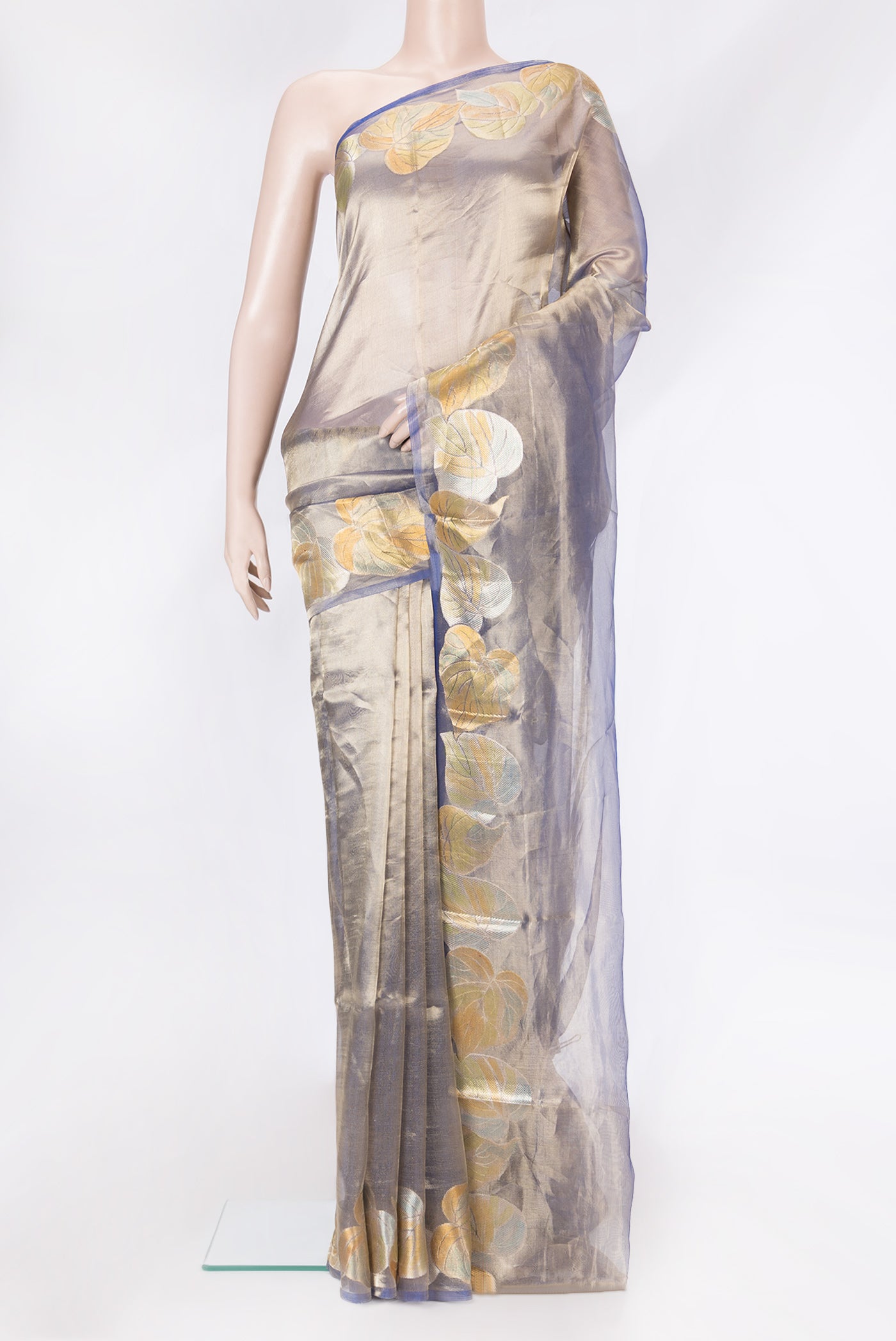 Navy Blue Dual Tone Organza Silk Saree with Plain Body and Fancy Border.  displayed on a mannequin