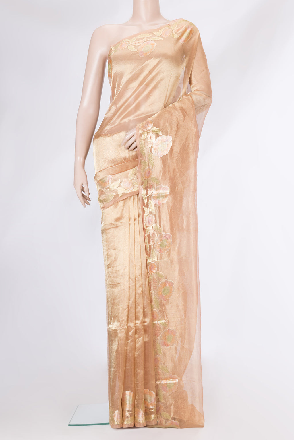 Rose Gold Dual Tone Organza Silk Saree with Plain Body and Zari Border.  displayed on a mannequin