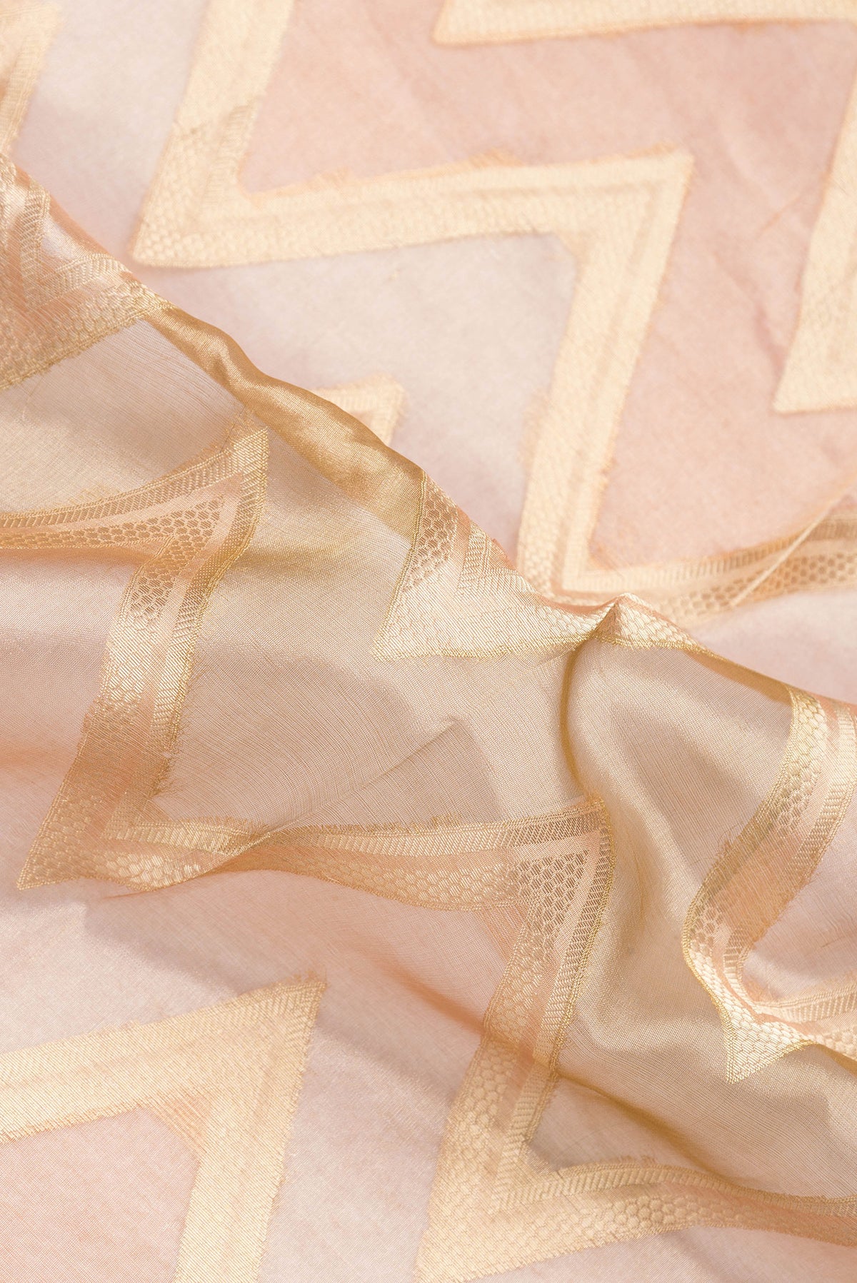 Close up of Golden Peach Dual Tone Organza Silk Saree with Zari Brocade on the body and Zari Border.  displaying folds