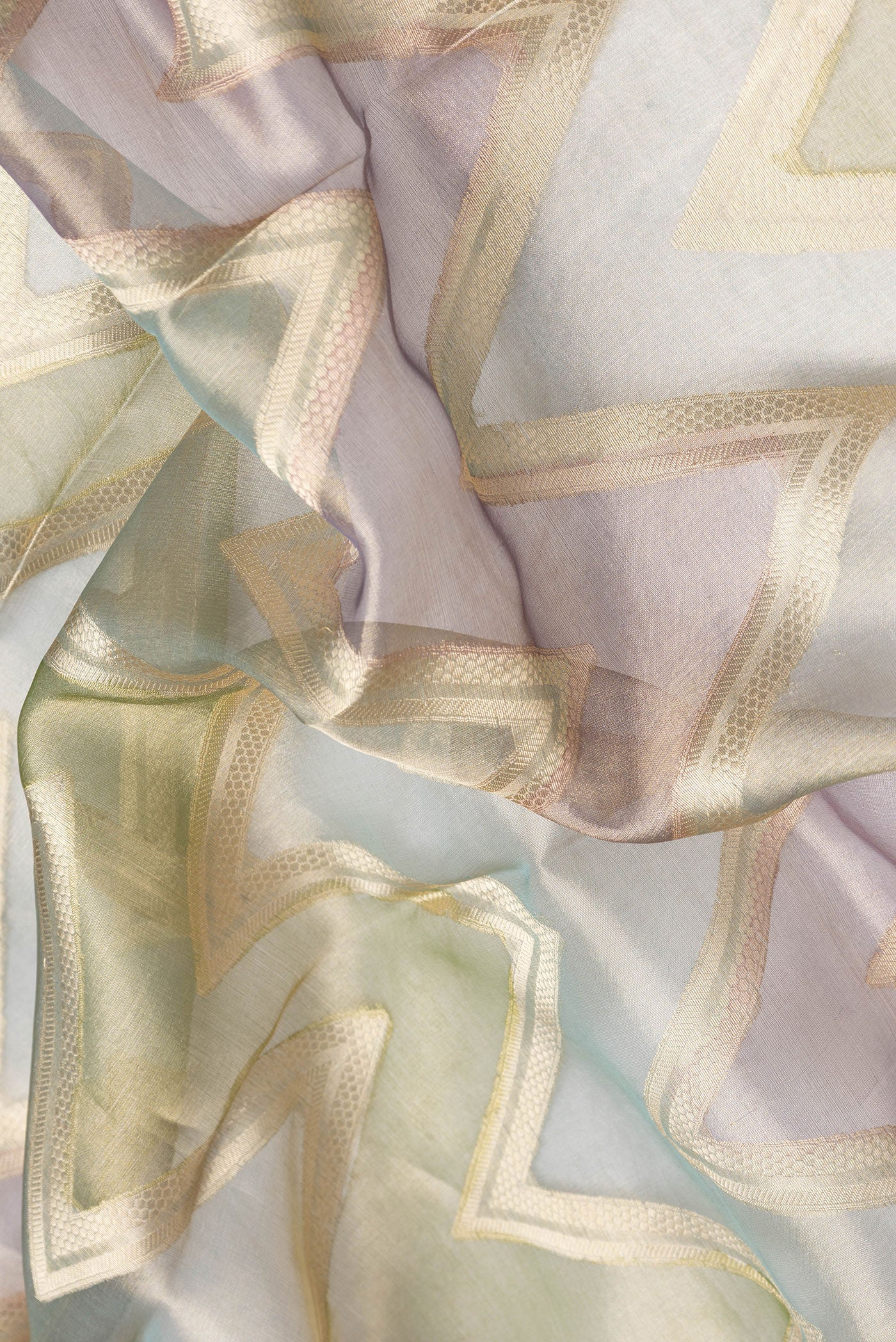 Close up of Green Dual Tone Organza Silk Saree with Zari Brocade on the body and Zari Border.  displaying folds