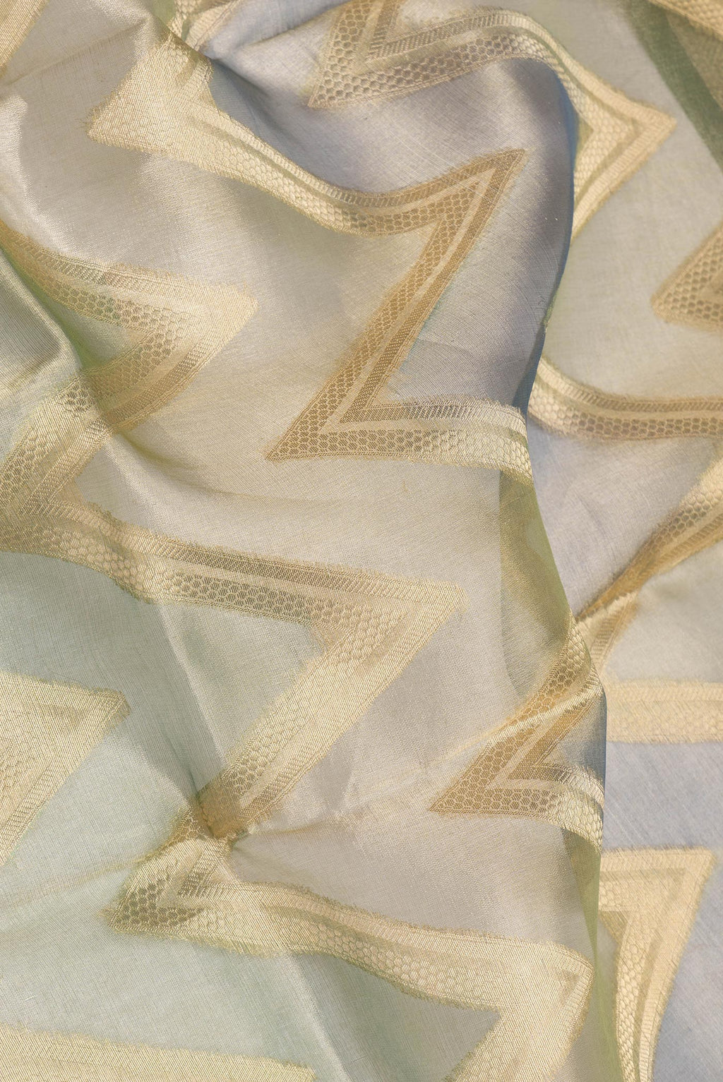 Close up of Green Dual Tone Organza Silk Saree with Zari Brocade on the body and Zari Border.  displaying folds