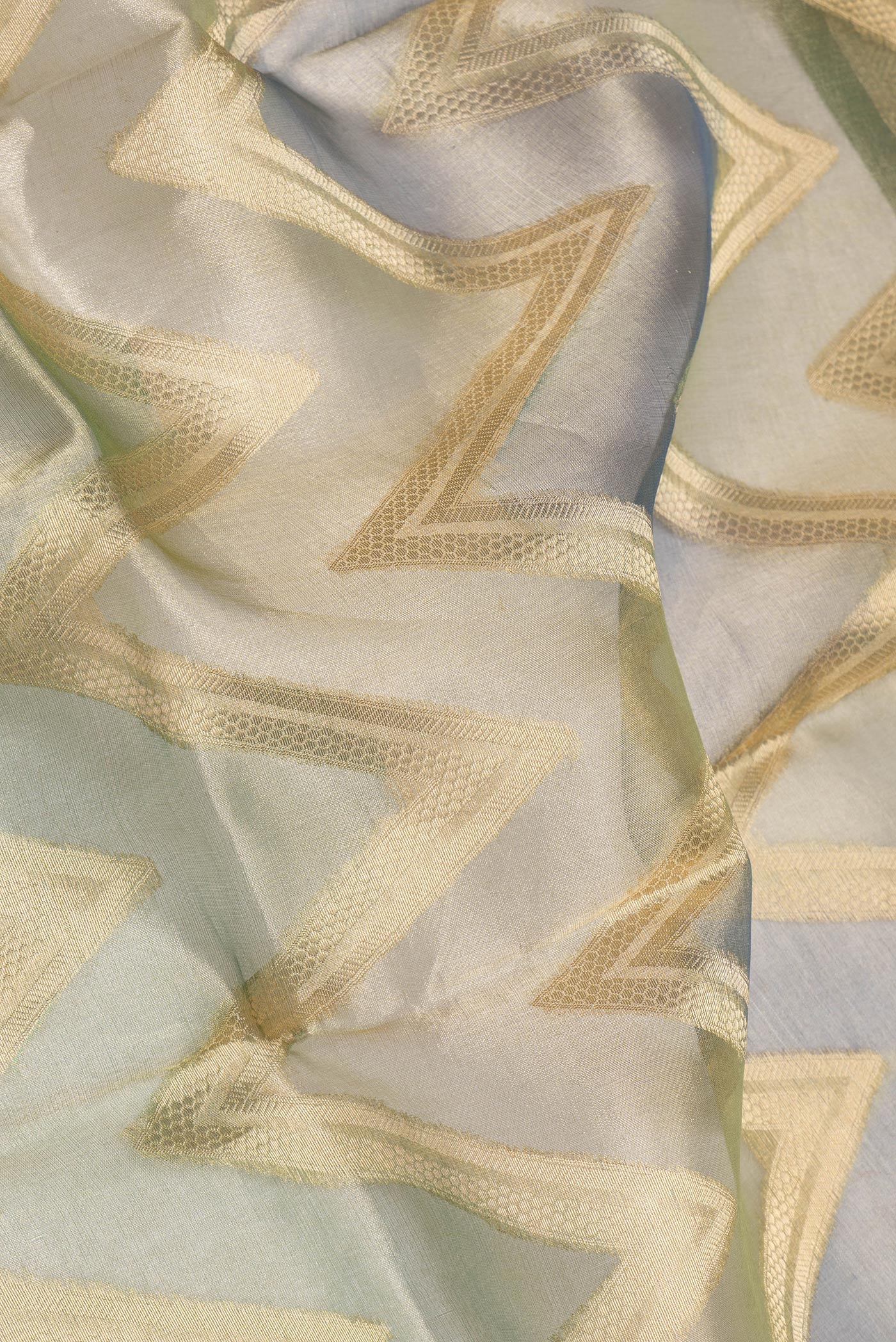 Close up of Green Dual Tone Organza Silk Saree with Zari Brocade on the body and Zari Border.  displaying folds