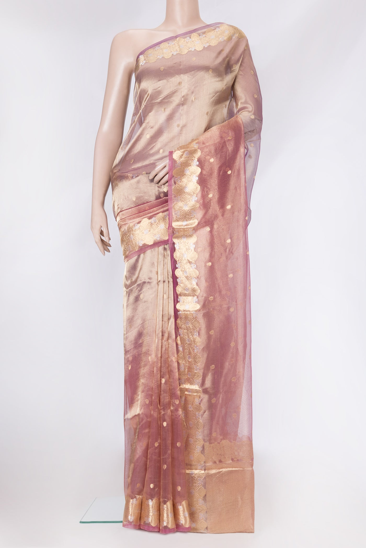 Pink Dual Tone Organza Silk Saree with Zari Butta on the body and Zari Border.  displayed on a mannequin