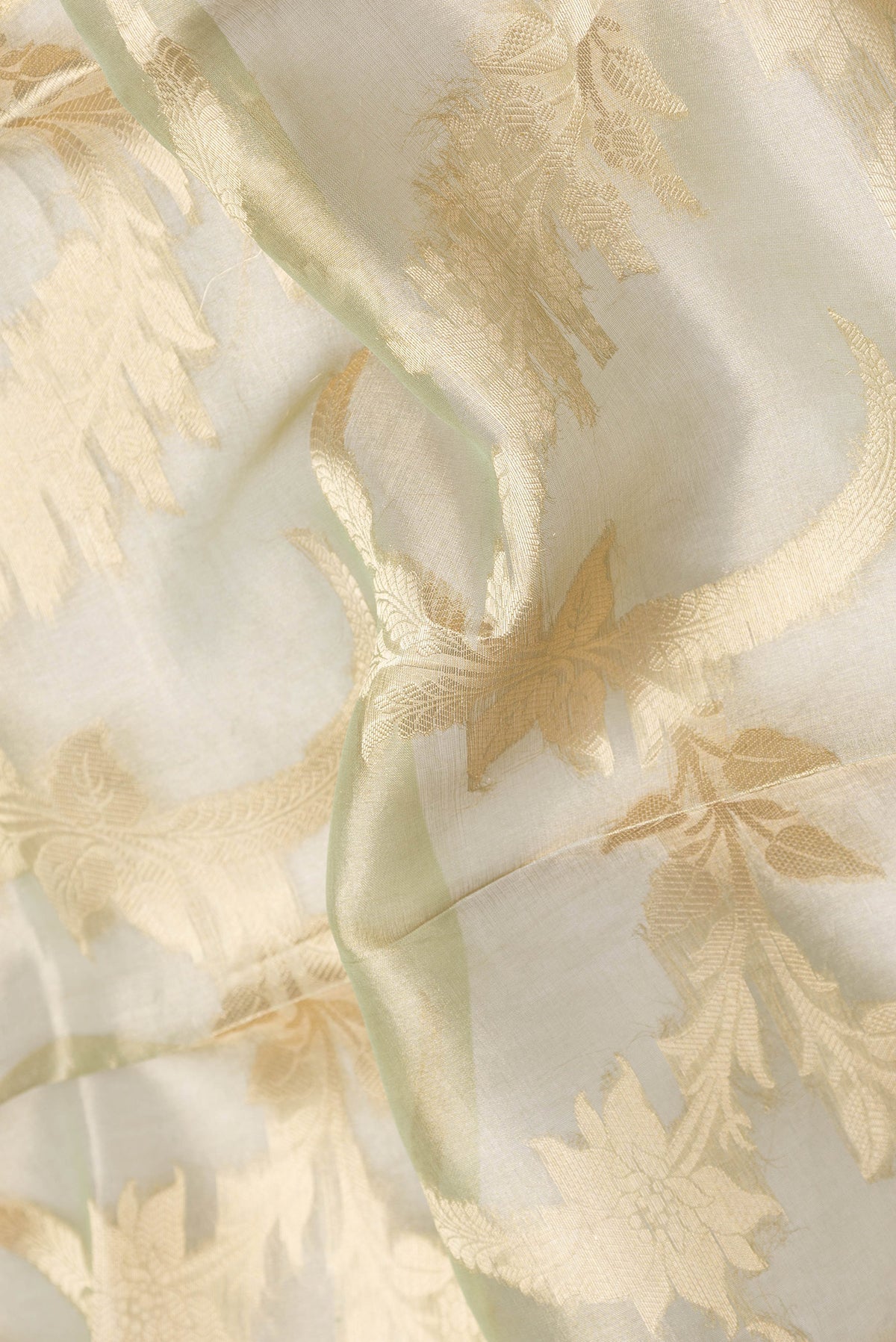 Close up of Pista Green Dual Tone Organza Silk Saree with Zari Brocade on the body and Zari Border.  displaying folds