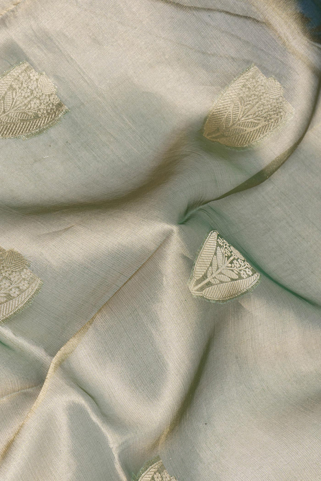 Close up of Green Dual Tone Organza Silk Saree with Zari Butta on the body and Zari Border.  displaying folds