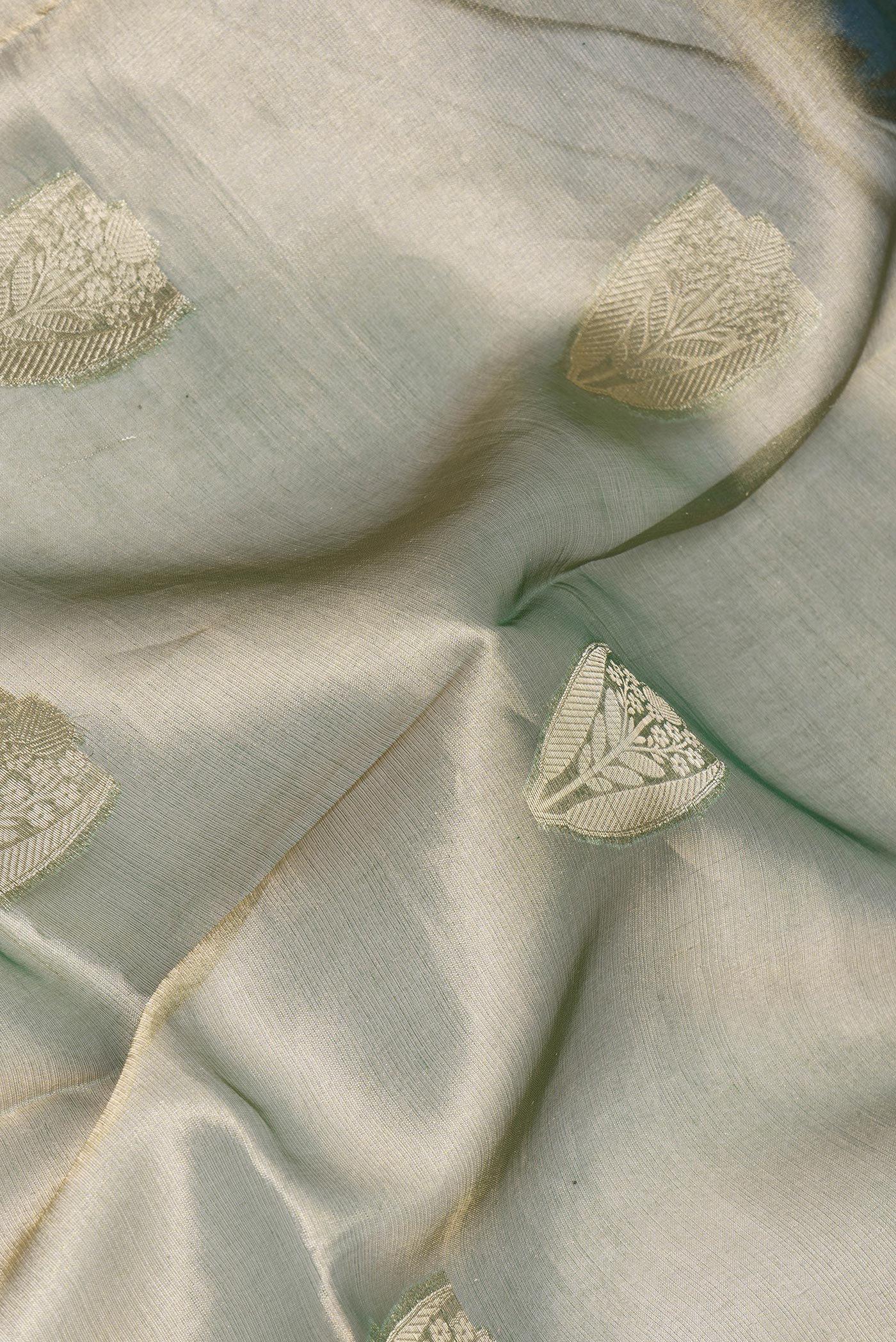 Close up of Green Dual Tone Organza Silk Saree with Zari Butta on the body and Zari Border.  displaying folds