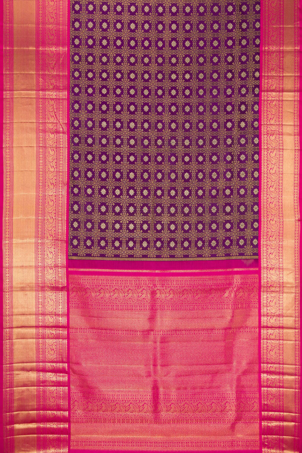 Flat view of Purple Kanchipuram Silk Saree with Zari Brocade on the body and Zari Border. 