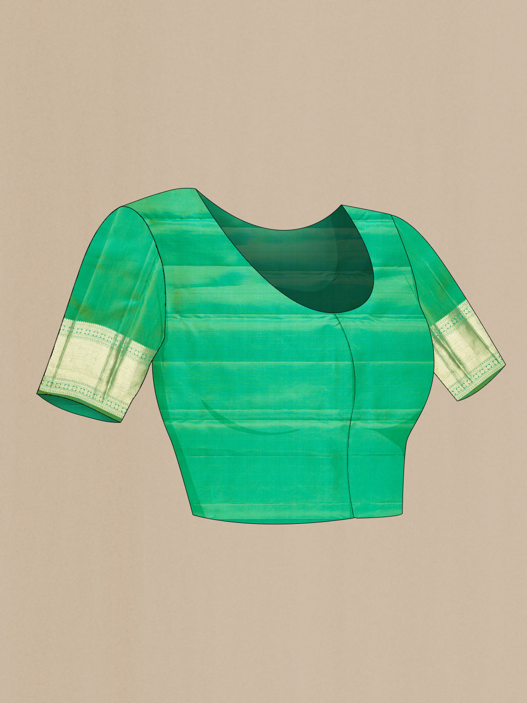 Close up image of the blouse of Green Kanchipuram Silk Saree with Zari Brocade on the body and Zari Border. 