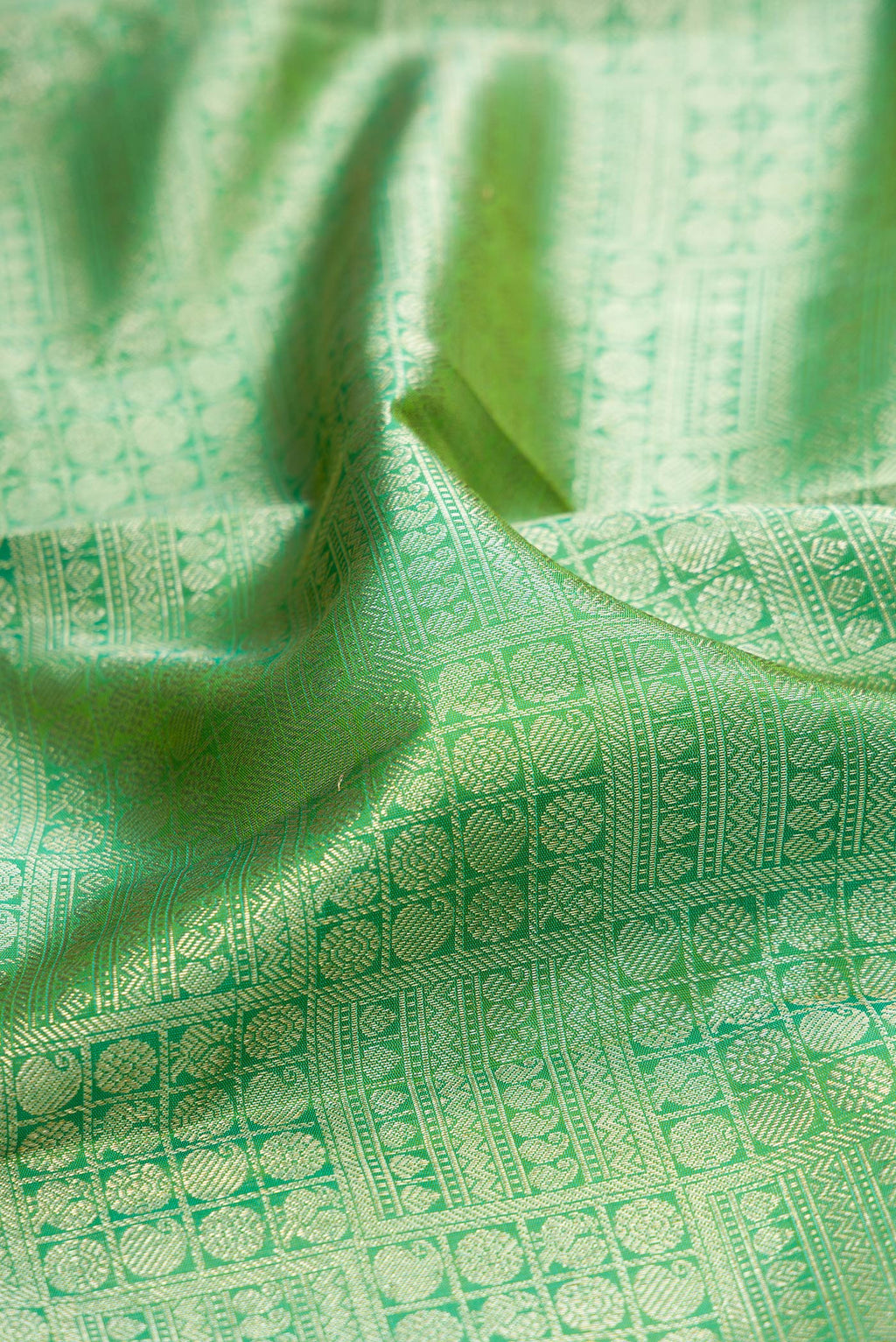 Close up of Green Kanchipuram Silk Saree with Zari Brocade on the body and Zari Border.  displaying folds