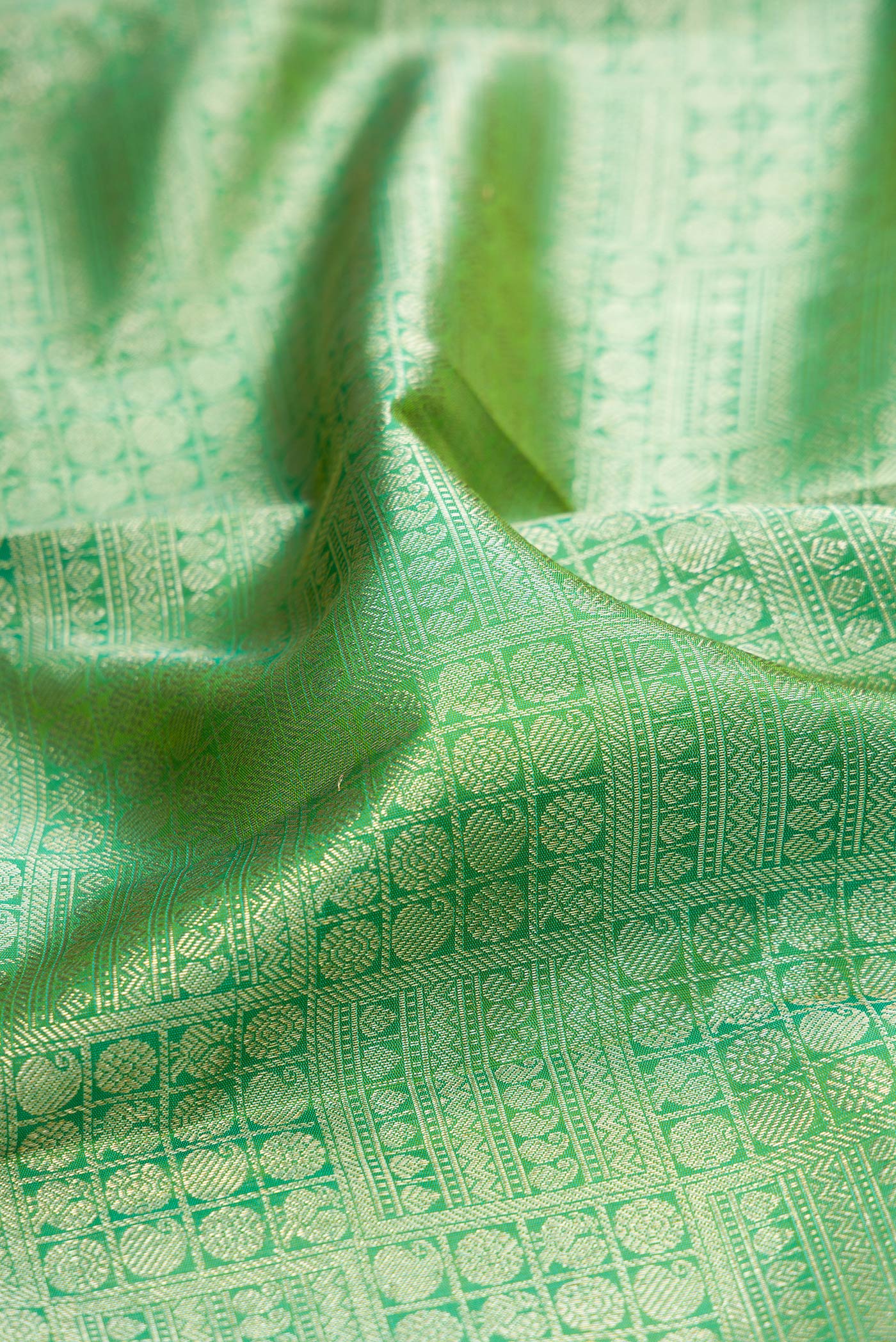 Close up of Green Kanchipuram Silk Saree with Zari Brocade on the body and Zari Border.  displaying folds