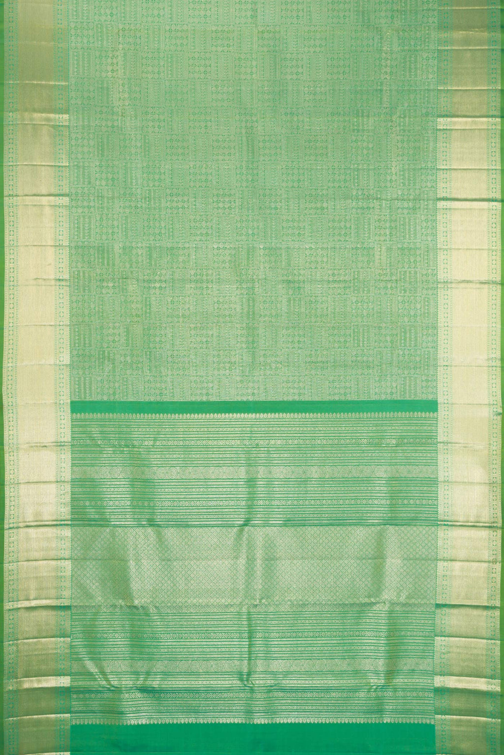 Flat view of Green Kanchipuram Silk Saree with Zari Brocade on the body and Zari Border. 