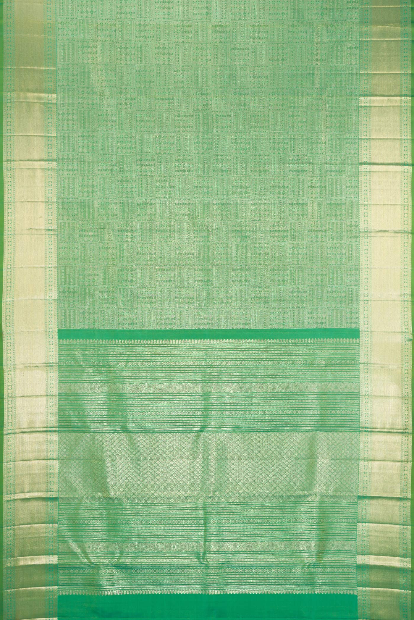 Flat view of Green Kanchipuram Silk Saree with Zari Brocade on the body and Zari Border. 