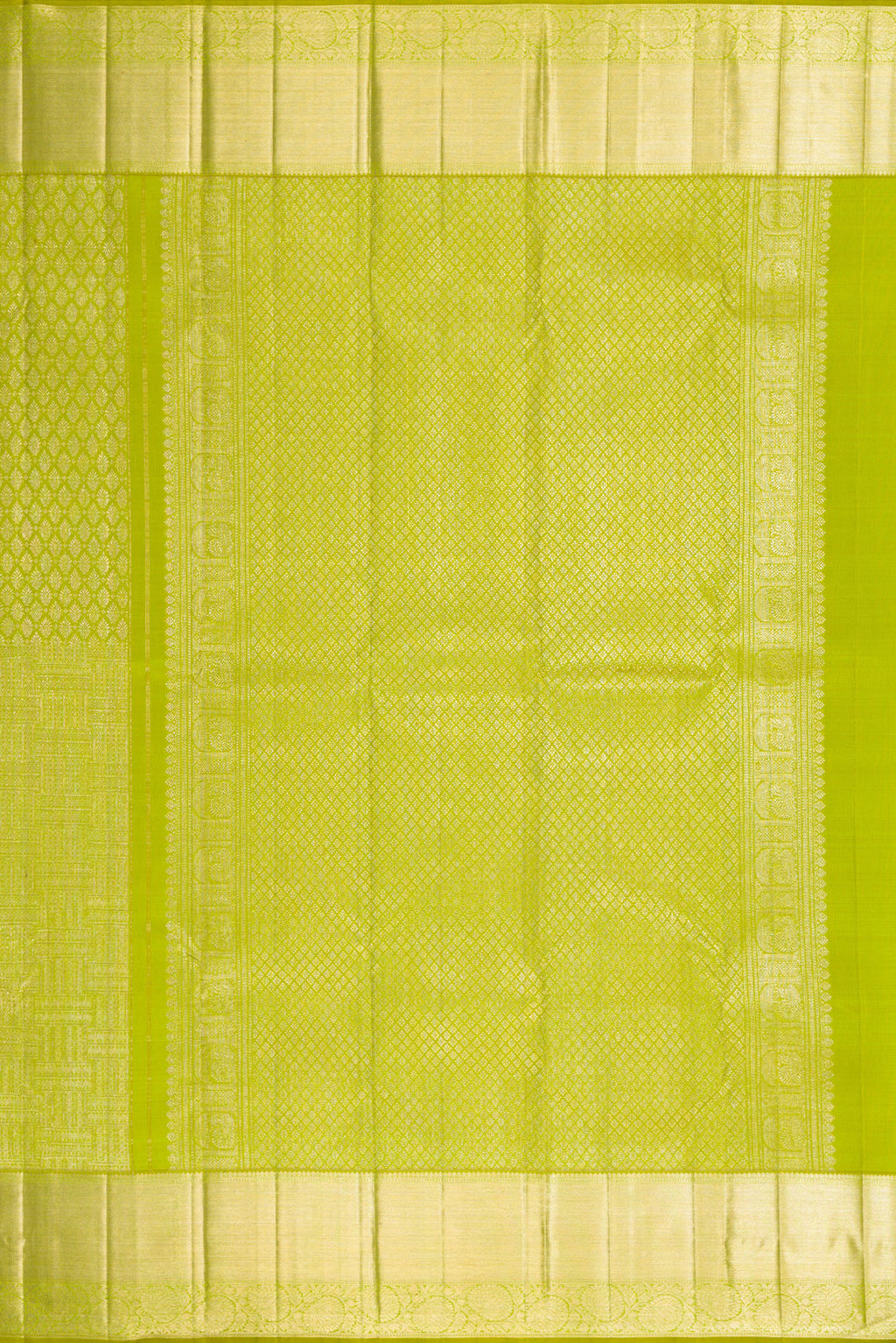 Close up image of the pallu of Parrot Green Dual Tone Kanchipuram Silk Saree with Zari Brocade on the body and Zari Border. 