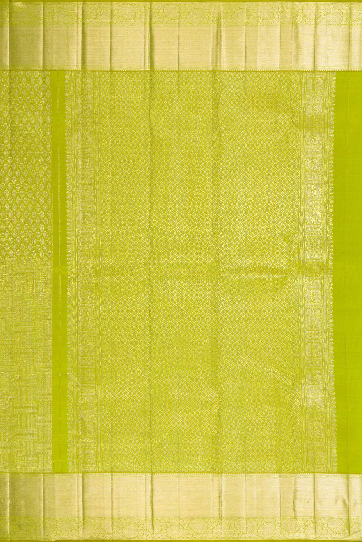 Close up image of the pallu of Parrot Green Dual Tone Kanchipuram Silk Saree with Zari Brocade on the body and Zari Border. 