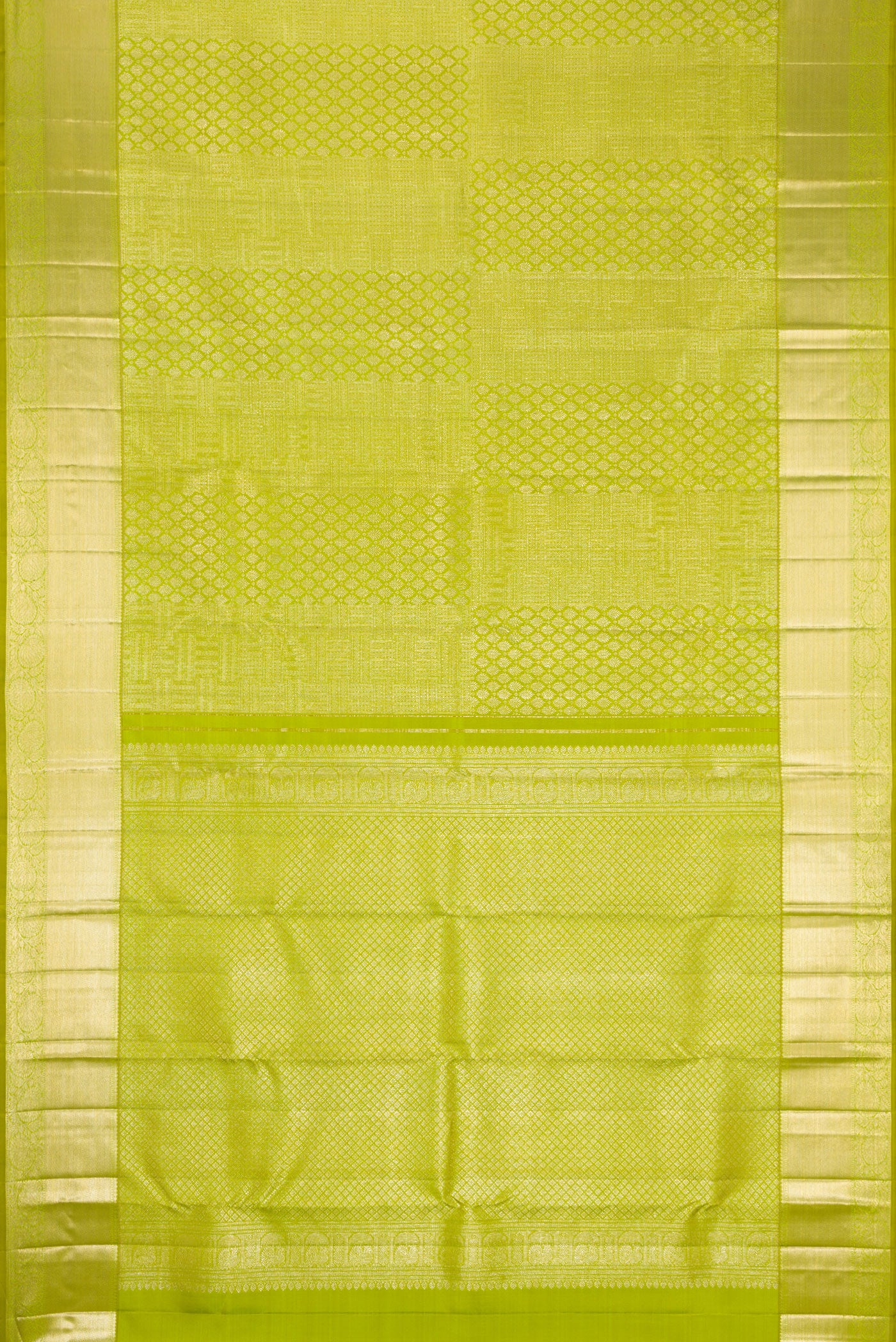 Flat view of Parrot Green Dual Tone Kanchipuram Silk Saree with Zari Brocade on the body and Zari Border. 