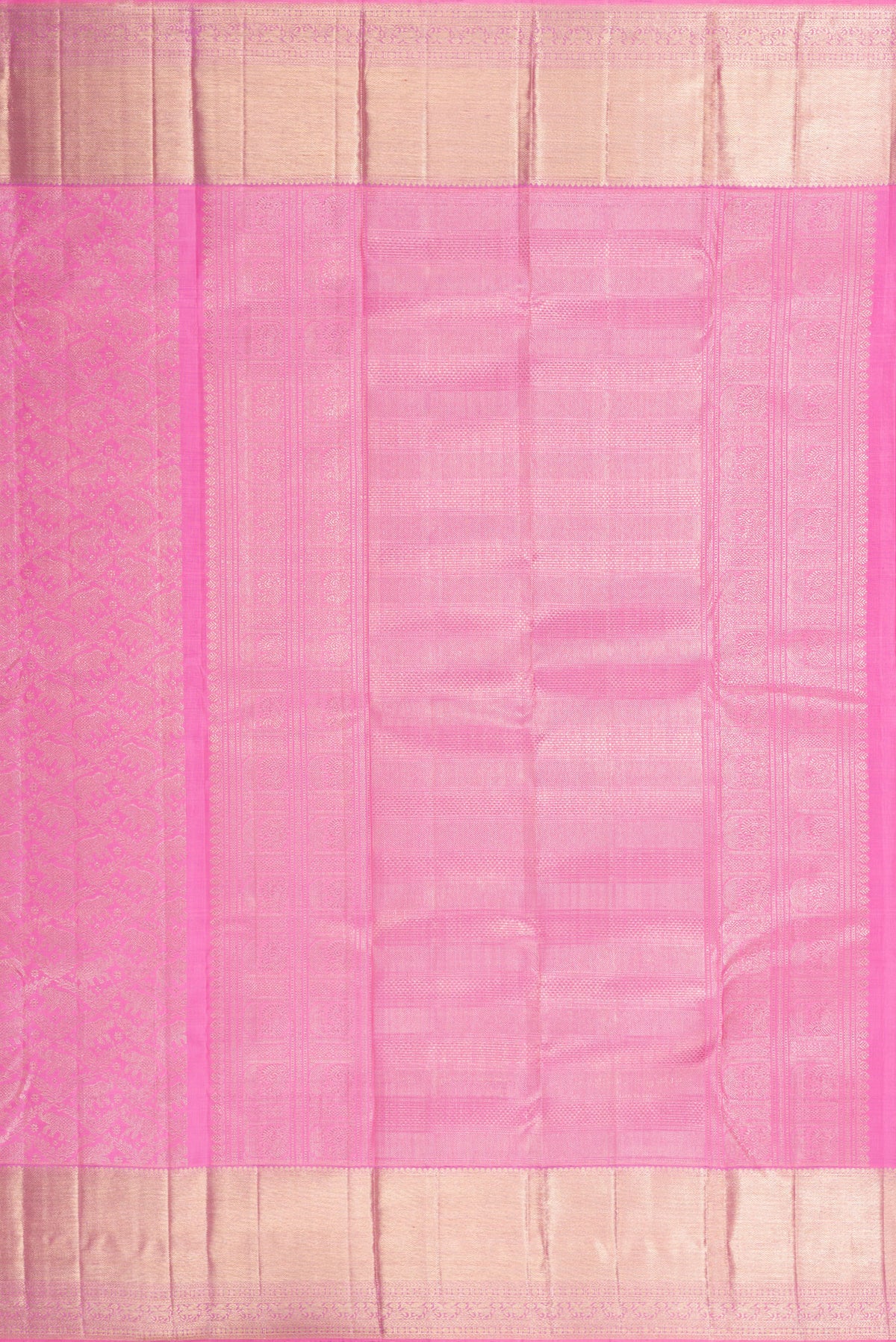 Close up image of the pallu of Pink Dual Tone Kanchipuram Silk Saree with Zari Brocade on the body and Zari Border. 