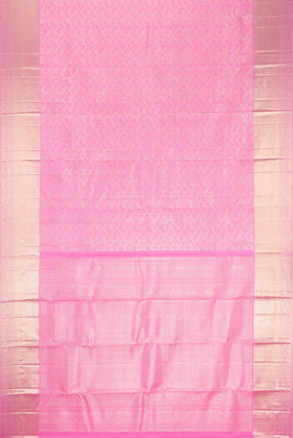 Flat view of Pink Dual Tone Kanchipuram Silk Saree with Zari Brocade on the body and Zari Border. 