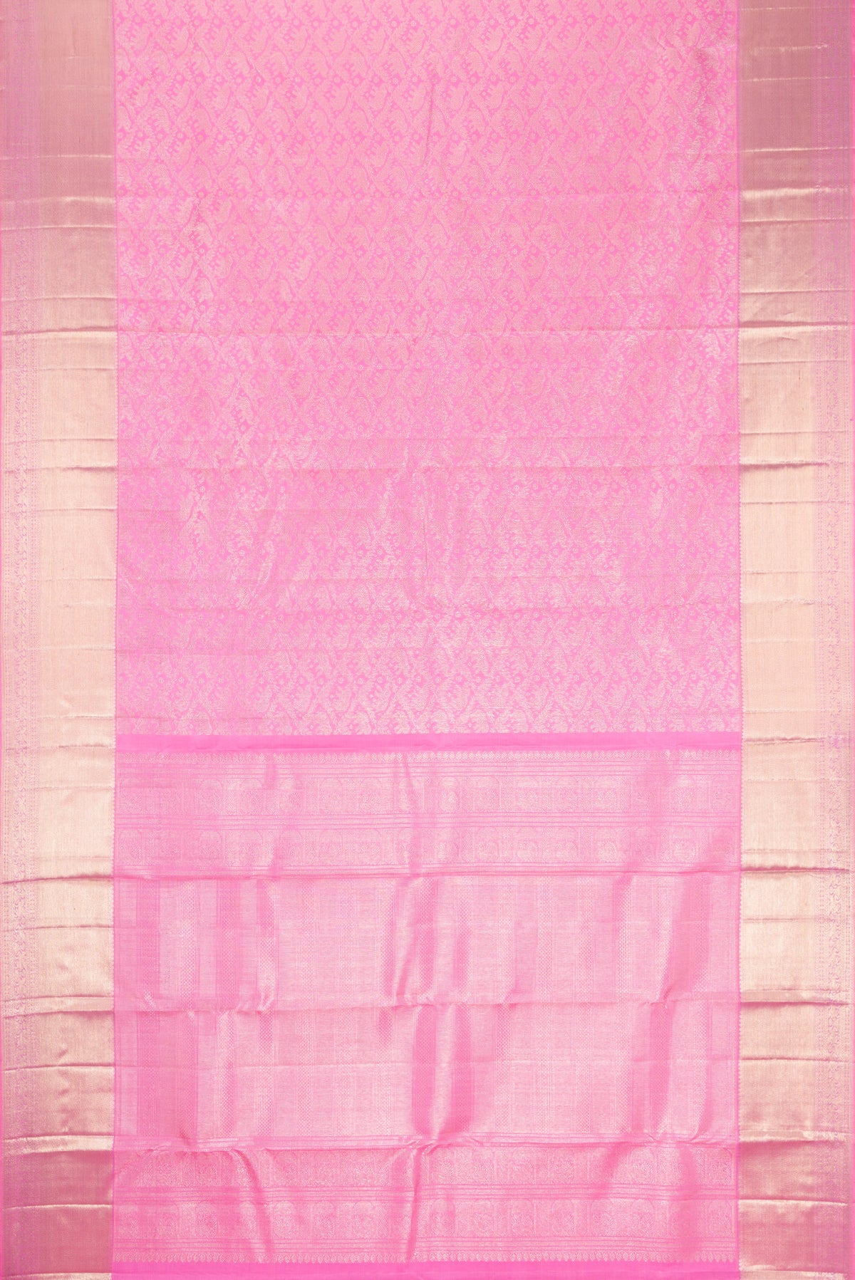 Flat view of Pink Dual Tone Kanchipuram Silk Saree with Zari Brocade on the body and Zari Border. 