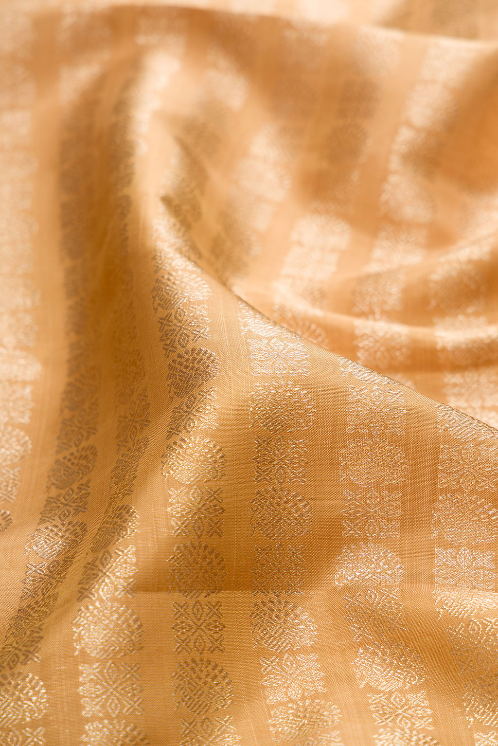 Close up of Gold Kanchipuram Silk Saree with Zari Brocade on the body and Zari Border.  displaying folds
