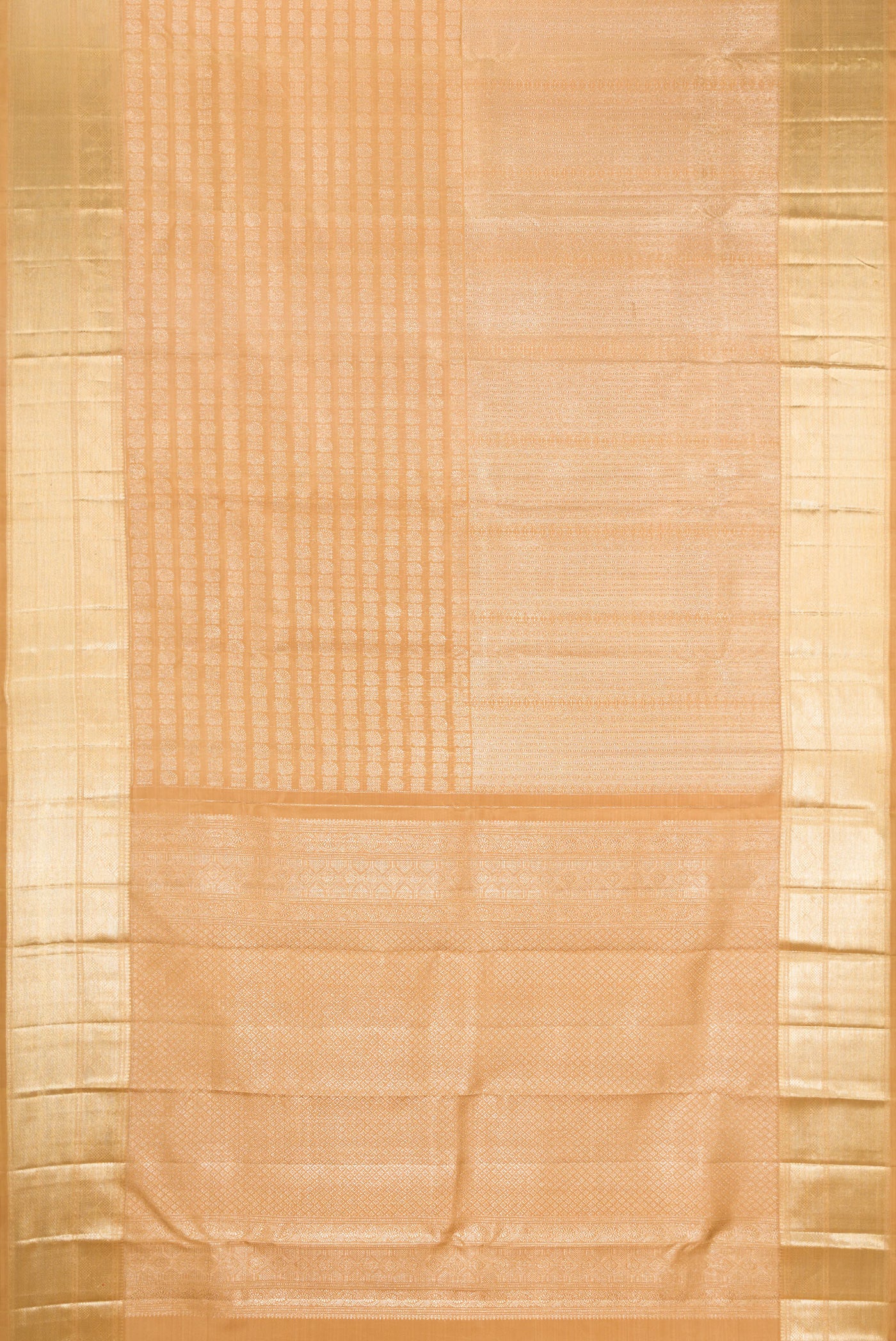Flat view of Gold Kanchipuram Silk Saree with Zari Brocade on the body and Zari Border. 