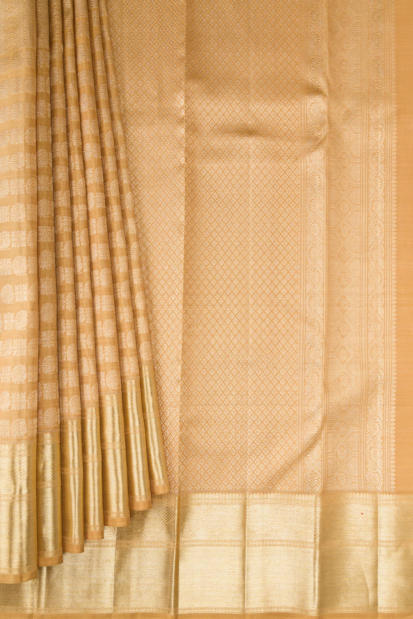Pleats and pallu of Gold Kanchipuram Silk Saree with Zari Brocade on the body and Zari Border. 