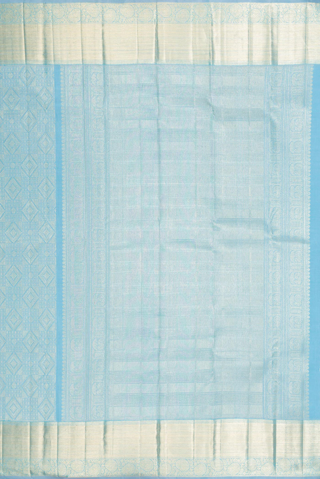 Close up image of the pallu of Sky Blue Kanchipuram Silk Saree with Zari Brocade on the body and Zari Border. 