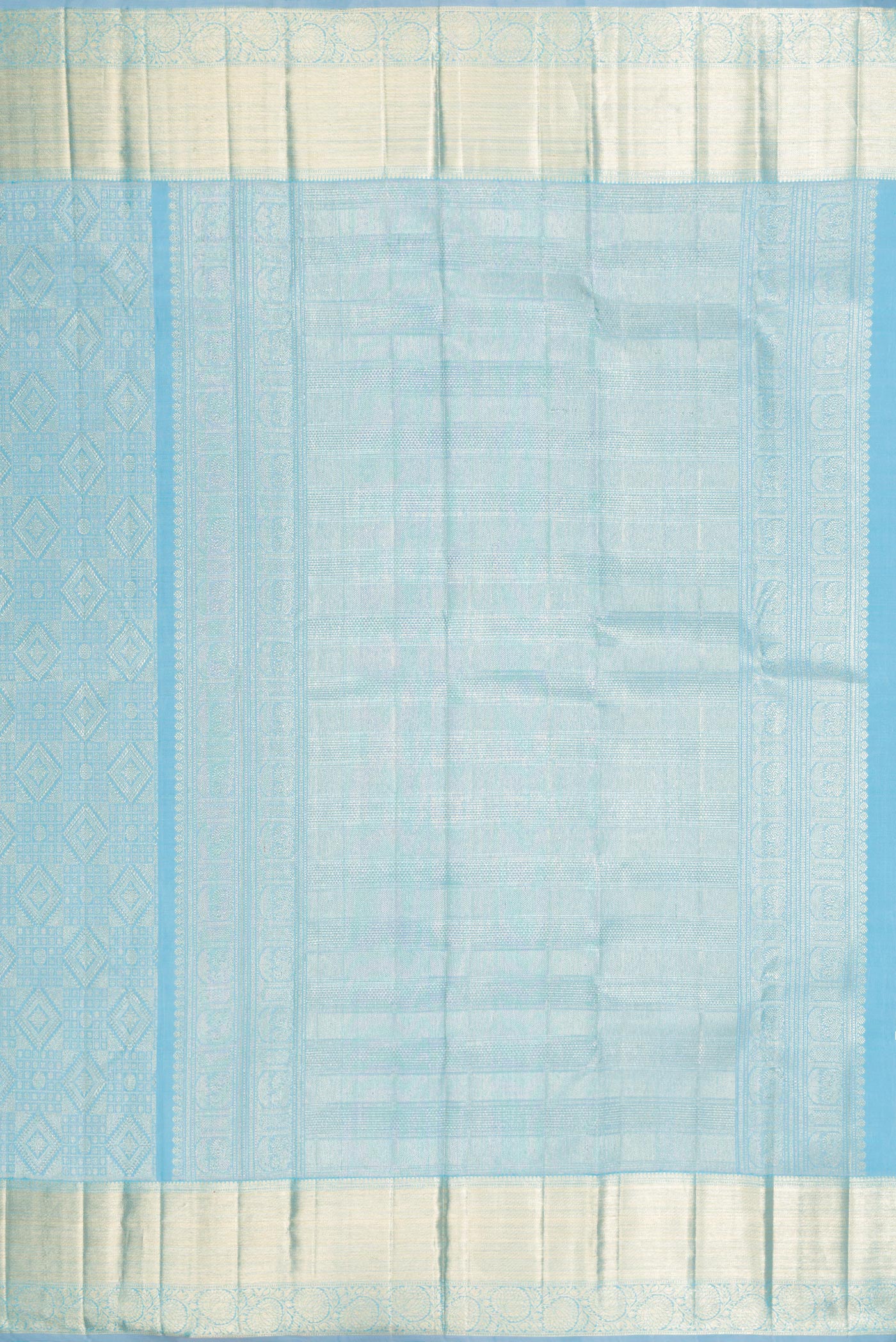 Close up image of the pallu of Sky Blue Kanchipuram Silk Saree with Zari Brocade on the body and Zari Border. 