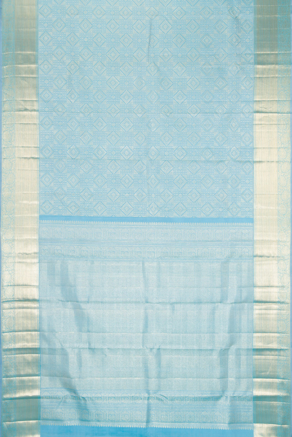 Flat view of Sky Blue Kanchipuram Silk Saree with Zari Brocade on the body and Zari Border. 