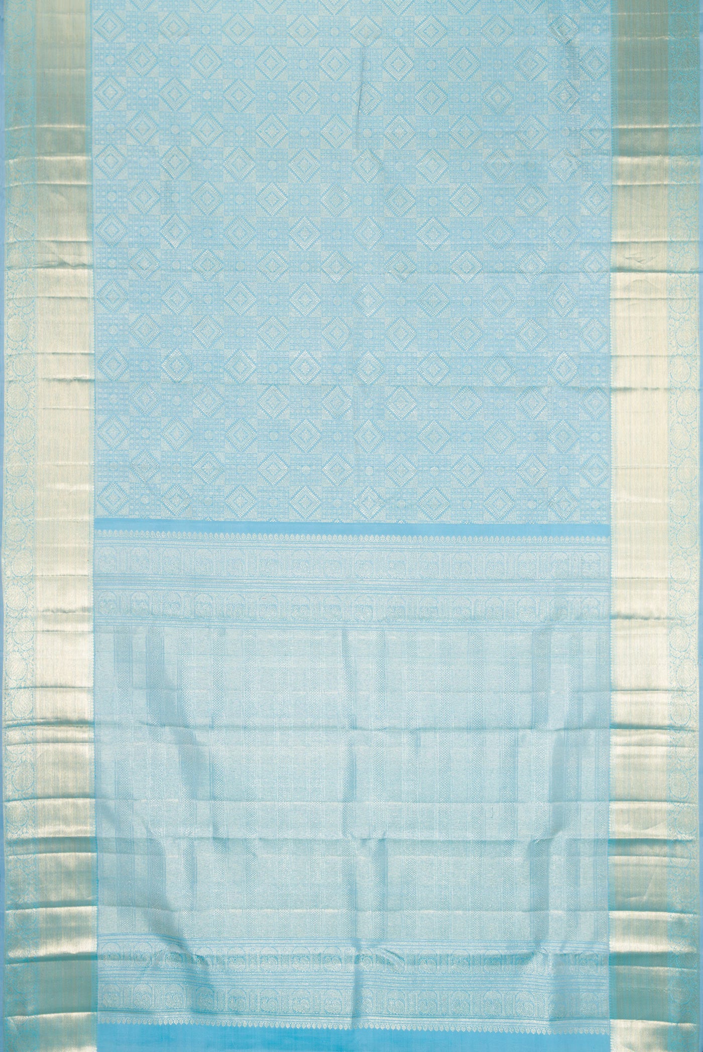 Flat view of Sky Blue Kanchipuram Silk Saree with Zari Brocade on the body and Zari Border. 