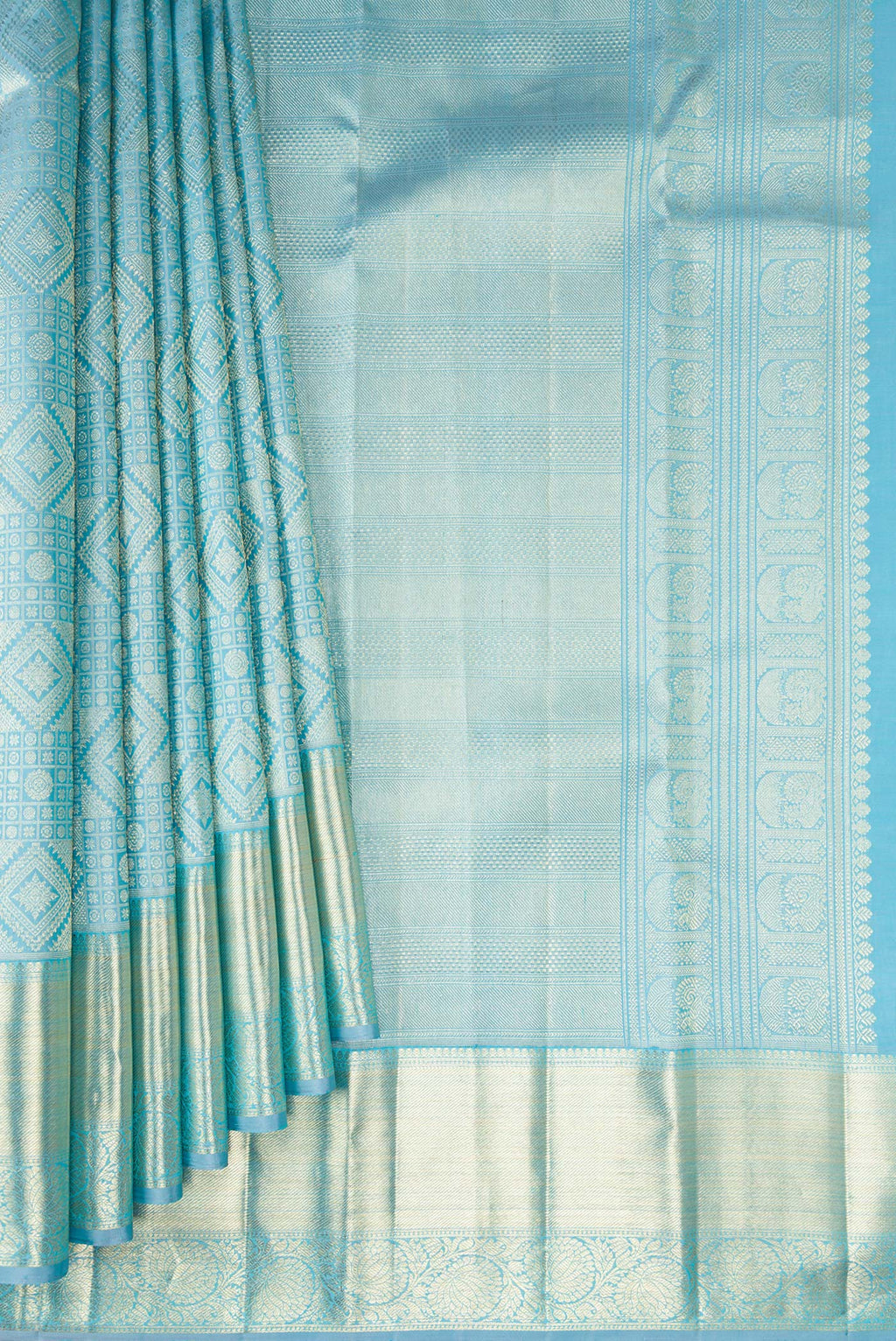 Pleats and pallu of Sky Blue Kanchipuram Silk Saree with Zari Brocade on the body and Zari Border. 