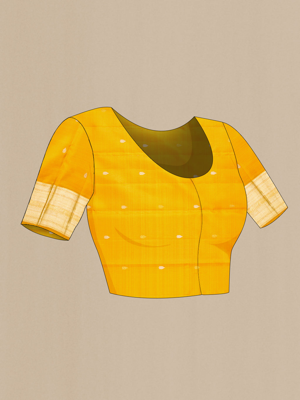 Close up image of the blouse of Mustard Kanchipuram Silk Saree with Zari Brocade on the body and Zari Border. 