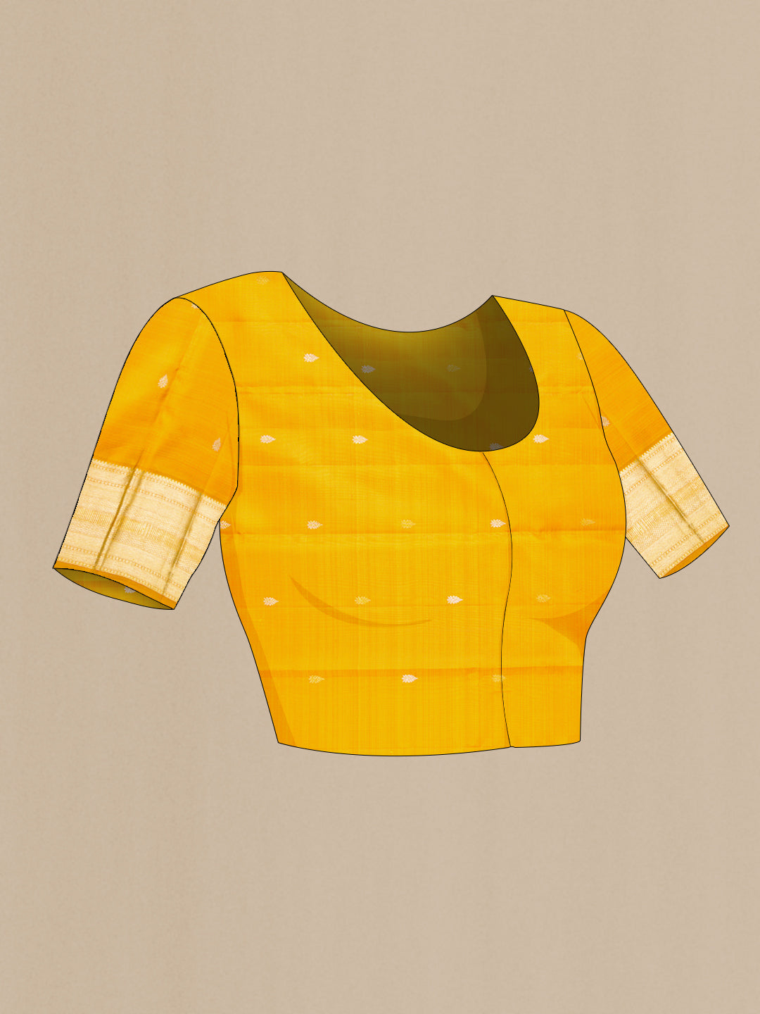 Close up image of the blouse of Mustard Kanchipuram Silk Saree with Zari Brocade on the body and Zari Border. 
